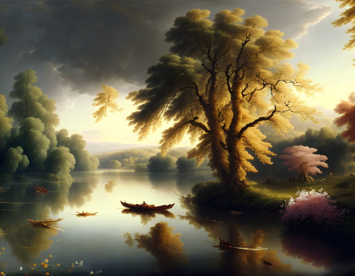 Tranquil river scene with boats, large tree, lush foliage, and moody sky.