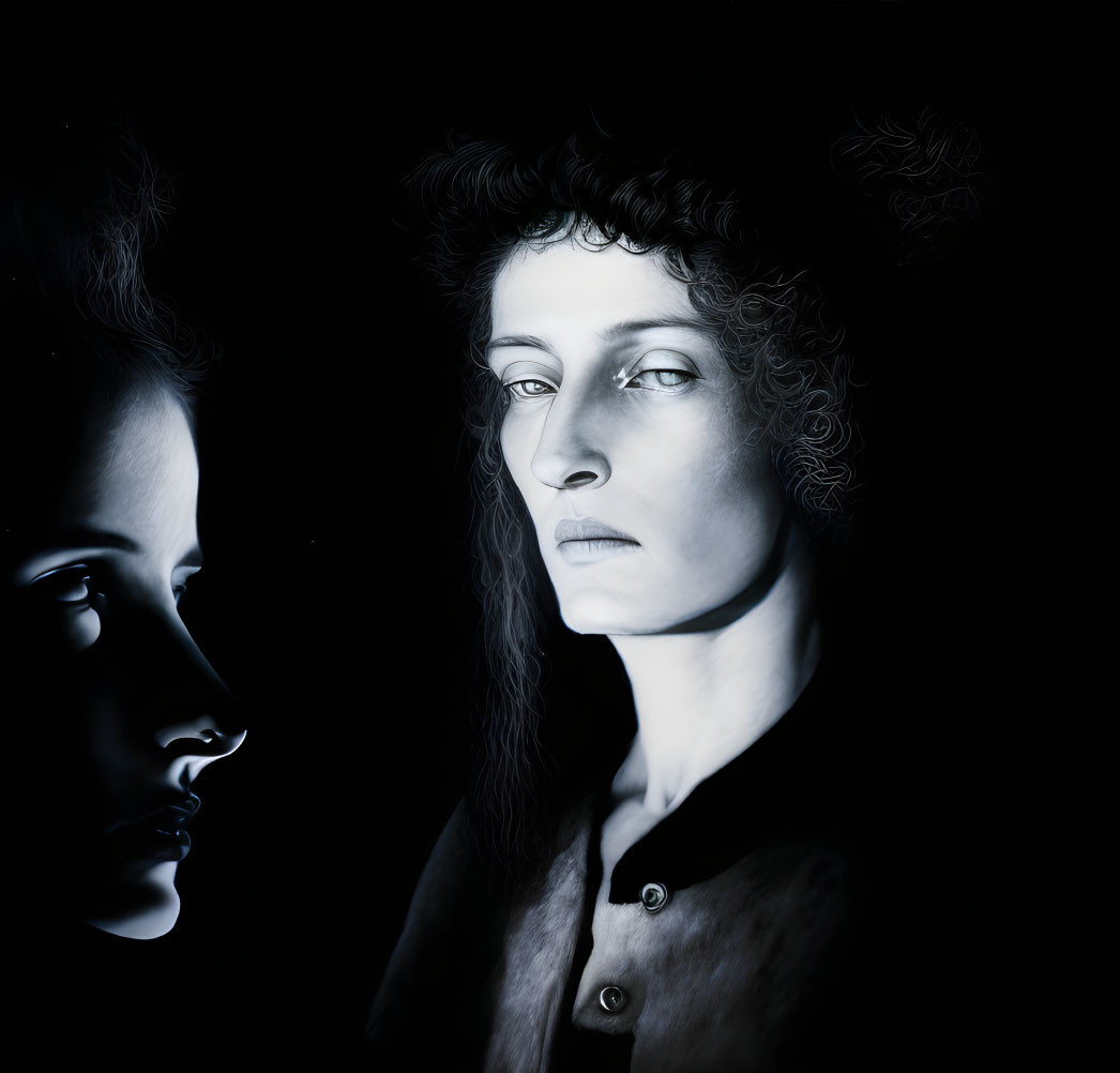 Monochrome portrait of two women with contrasting poses against dark backdrop