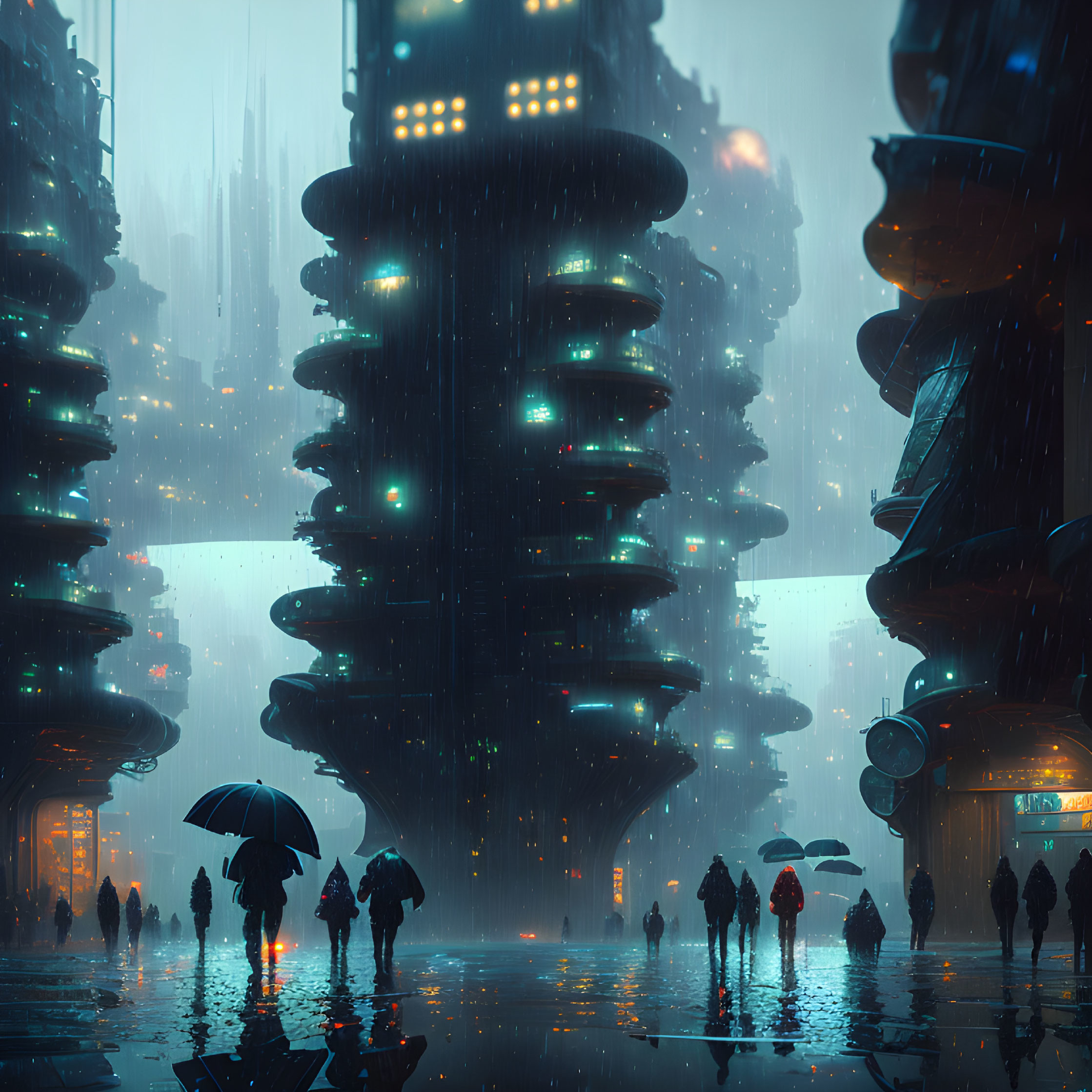 Futuristic night cityscape with rain, neon lights, and silhouettes.