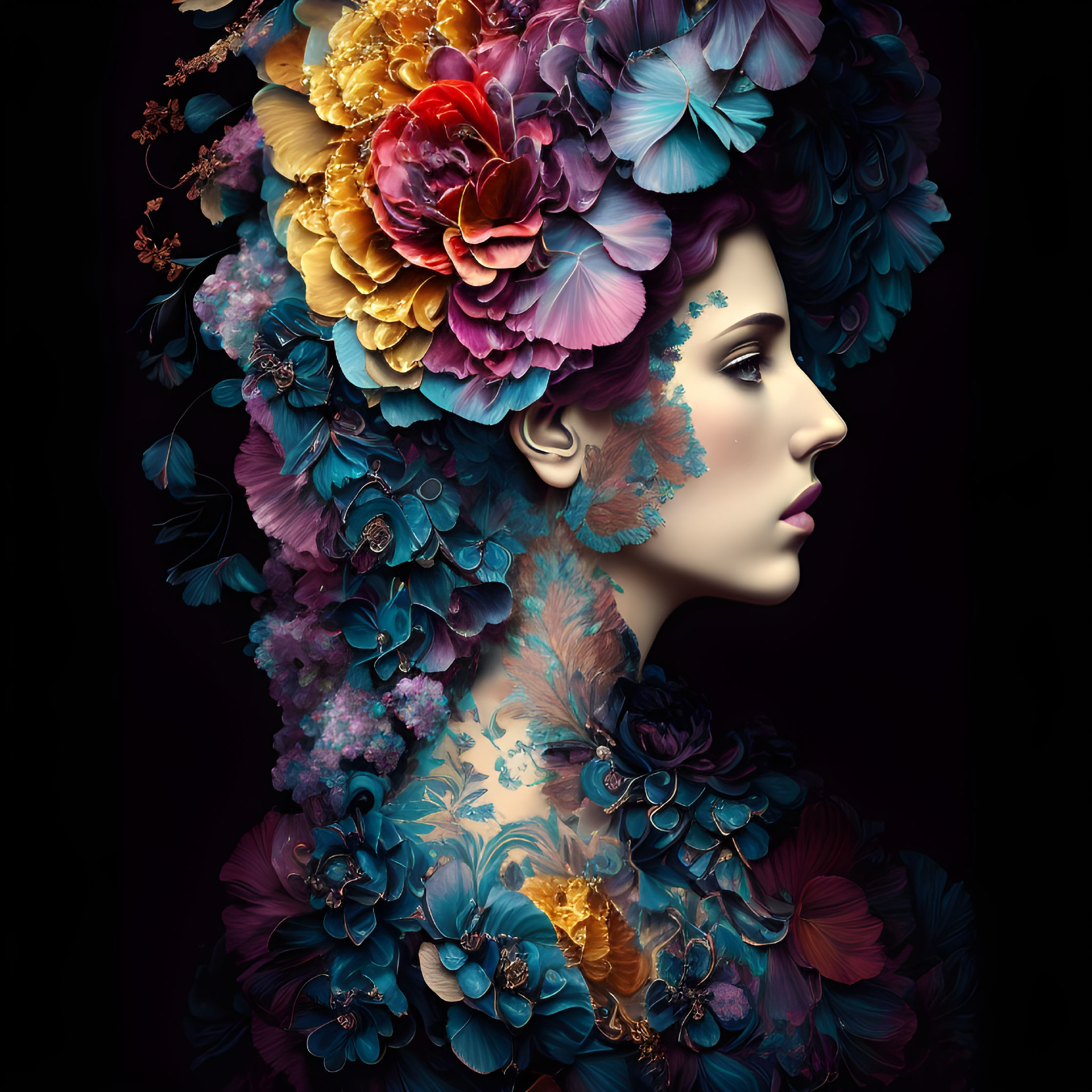 Woman with Colorful Flower Hair Against Dark Background