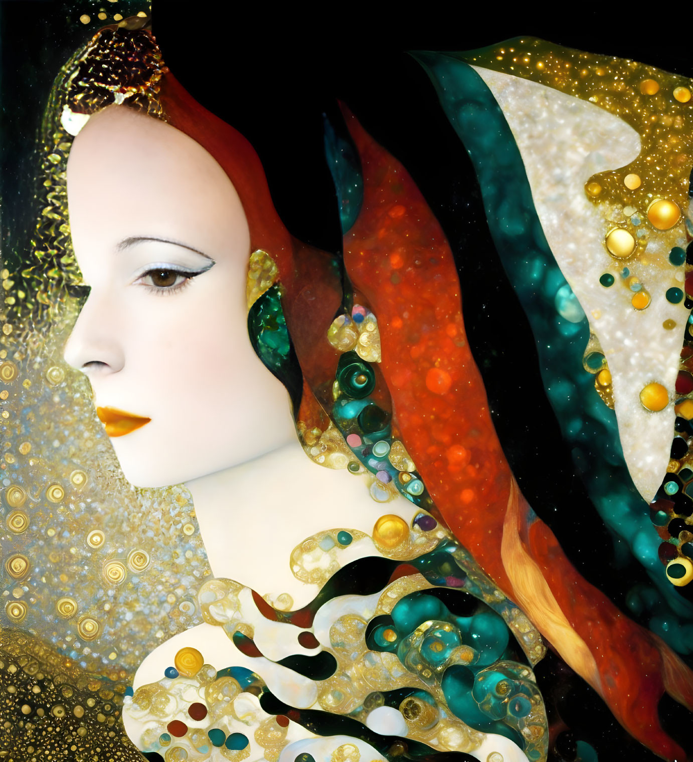 Intricate golden patterns on woman's profile with vibrant colors