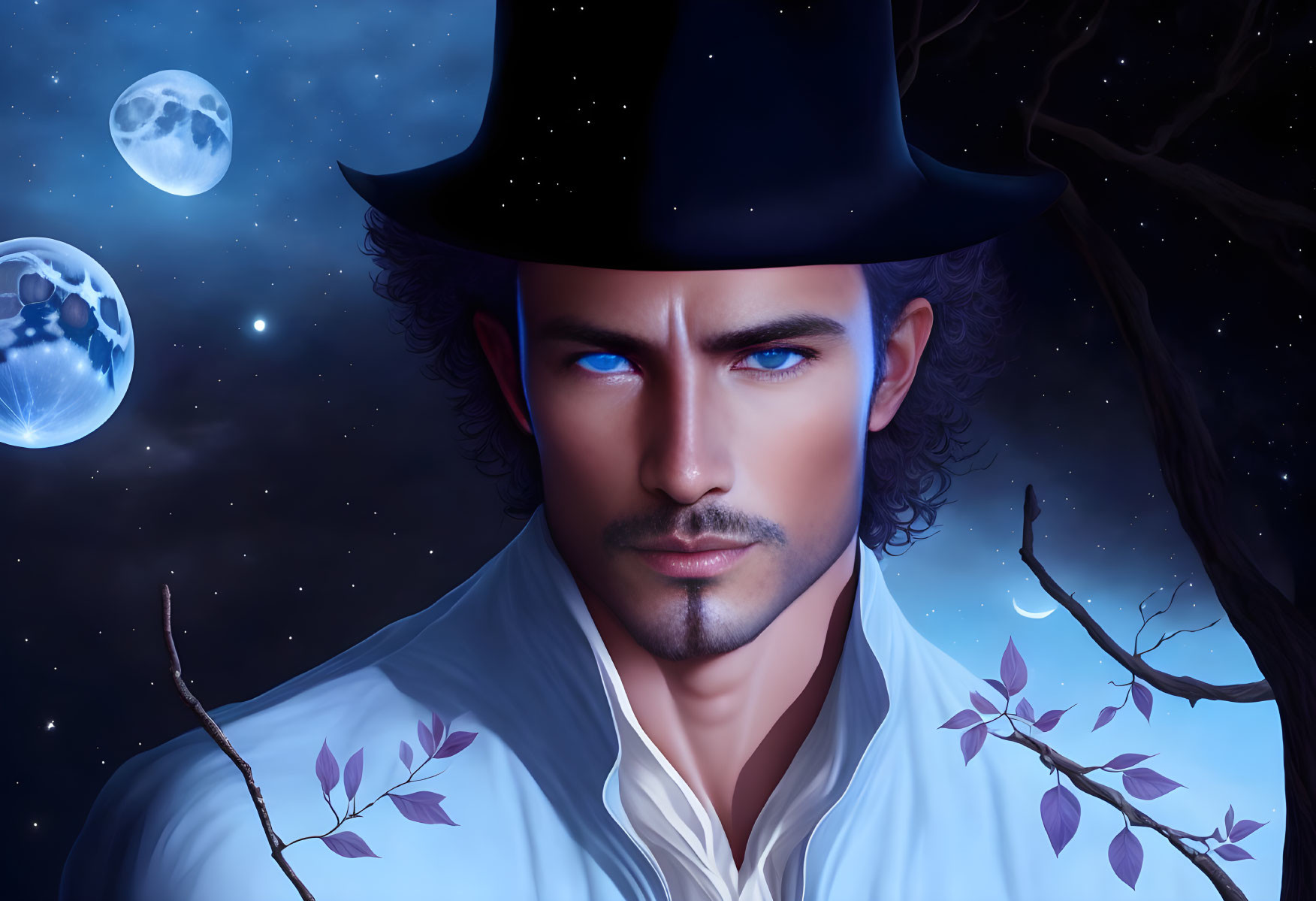 Mysterious man with blue eyes in hat under two moons