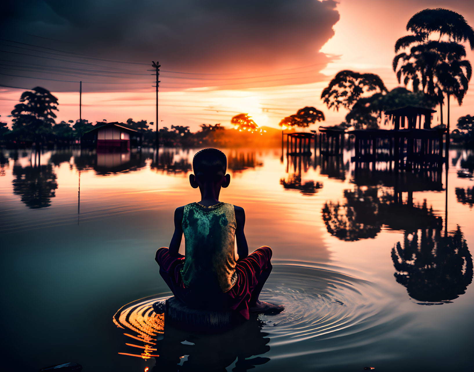 Person meditates by flooded area with trees and houses on stilts at vibrant sunset.