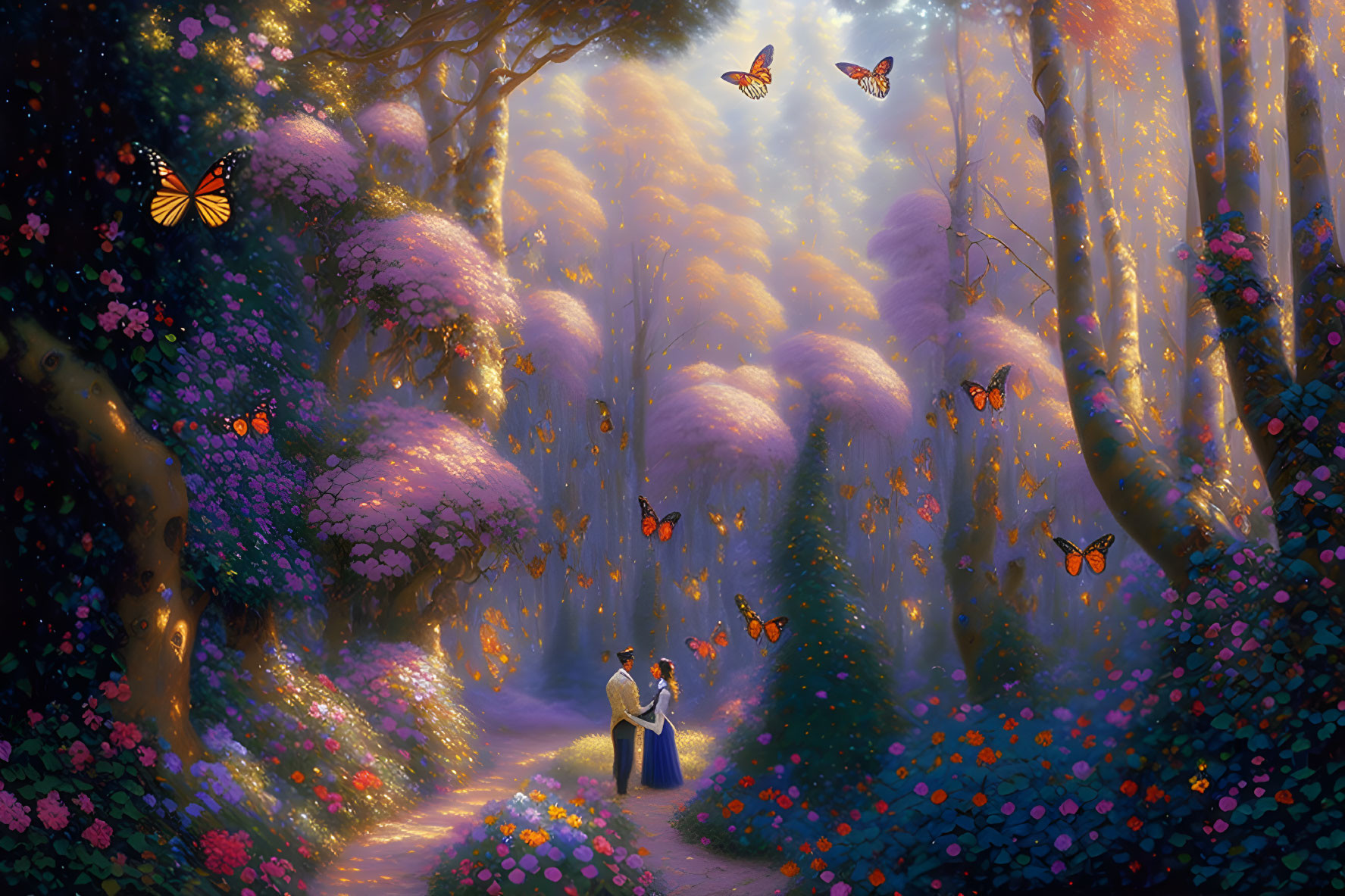 Enchanted forest scene with couple, pink blossomed trees, butterflies, and sunlight.