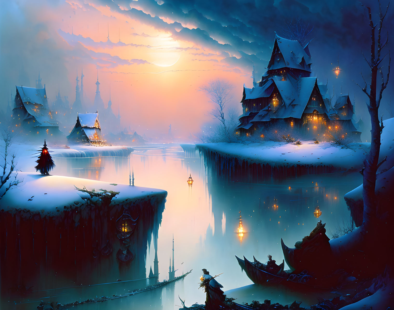 Winter fantasy landscape: traditional houses, river, snow-covered trees, boats, dramatic sky