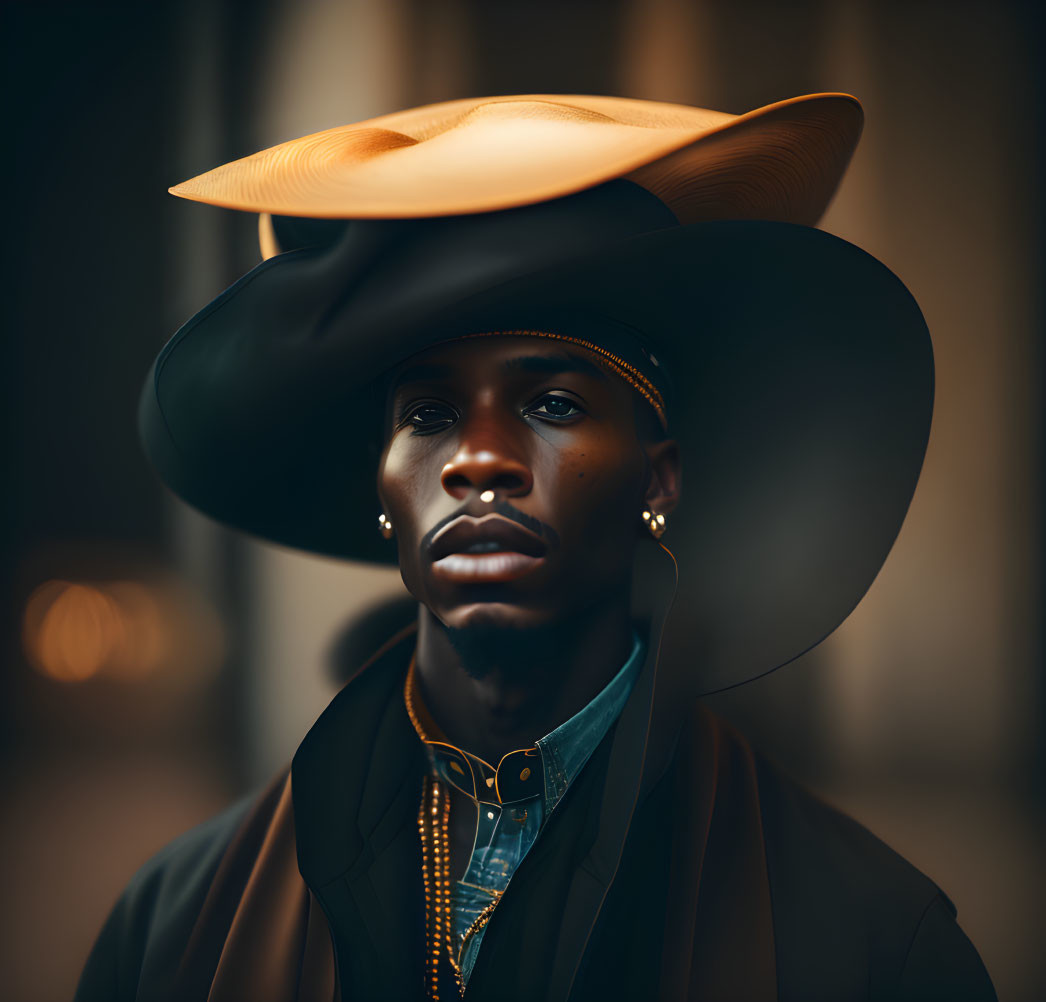 Person wearing black hat, orange hat, gold earrings, dark jacket, blue shirt, gold chain