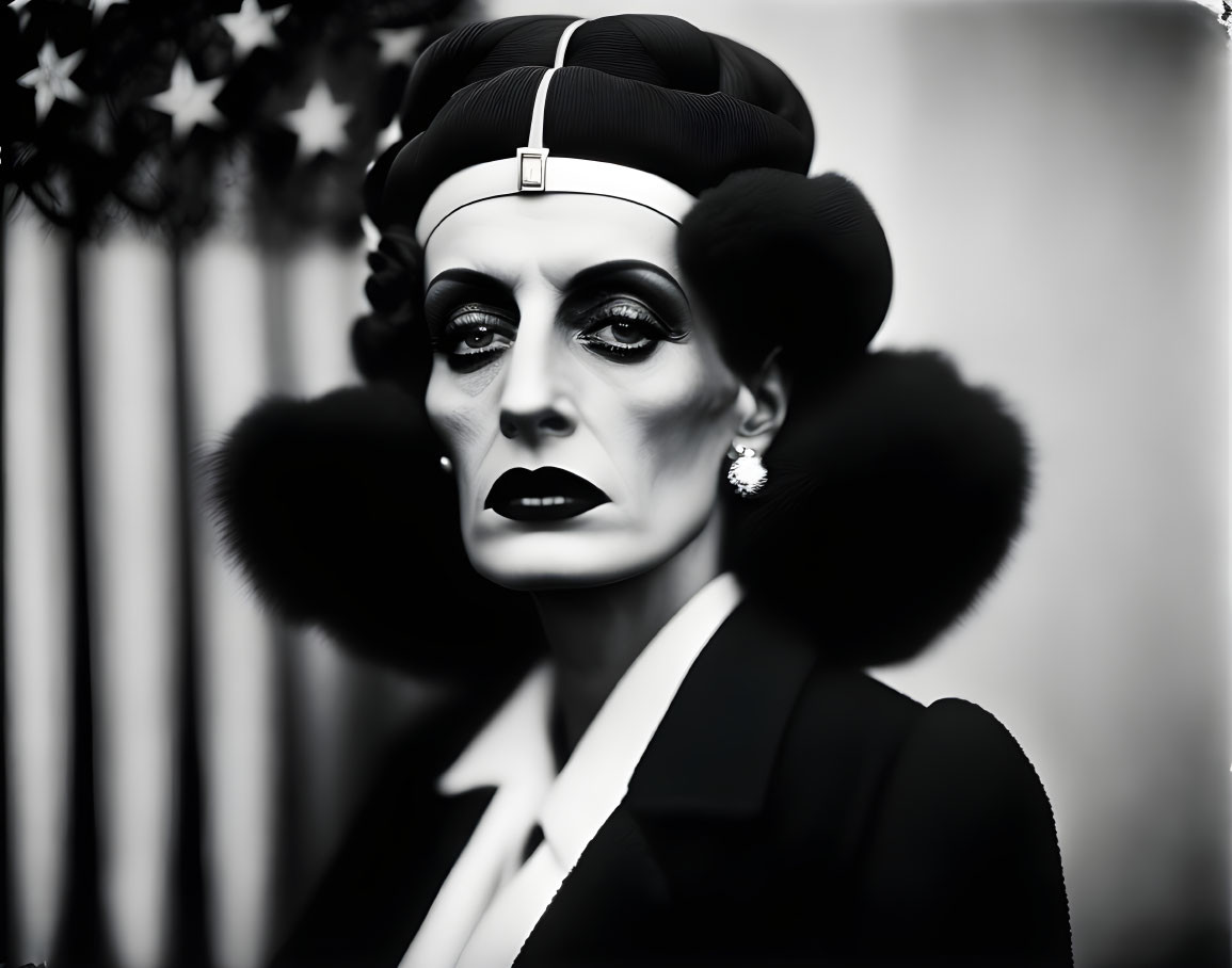 Monochrome portrait with dramatic makeup, turban, earrings, and dark lipstick against starry backdrop