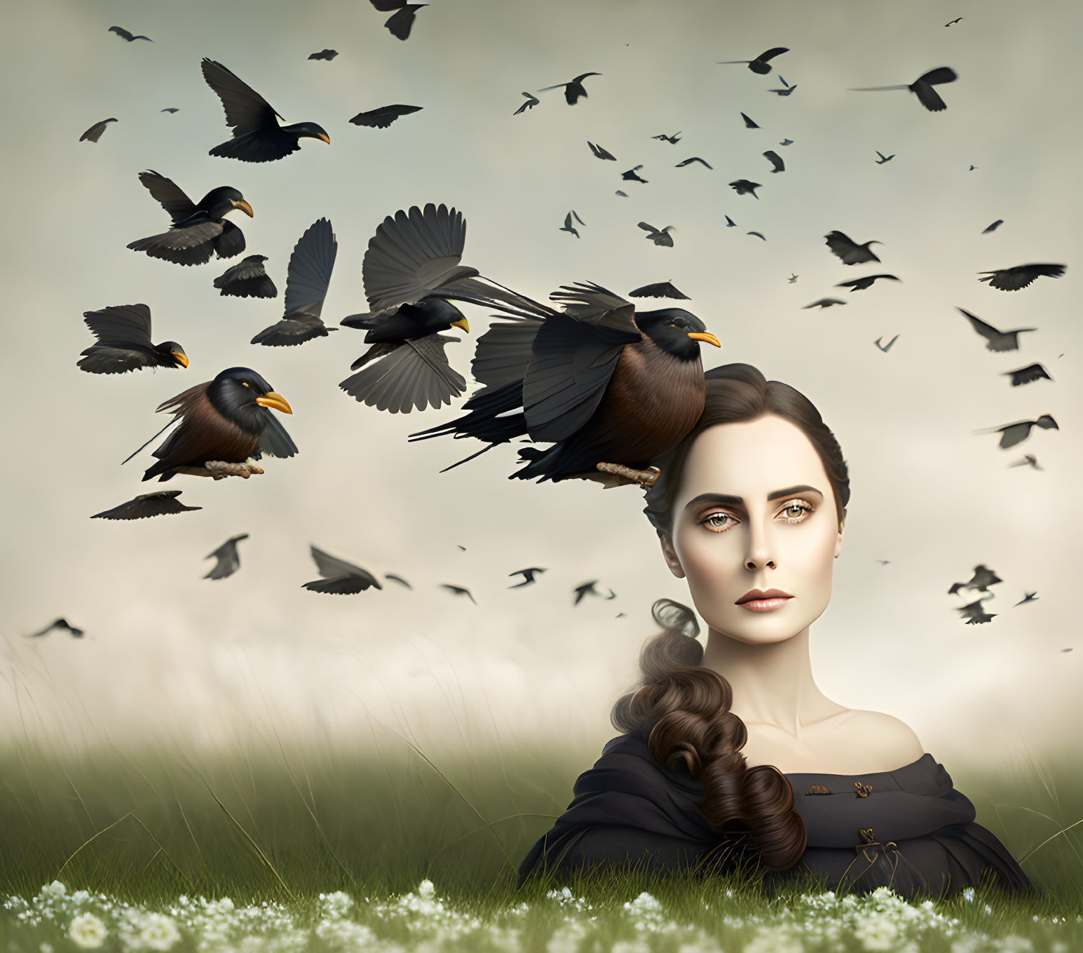 Surreal portrait of woman with birds in pastoral scene