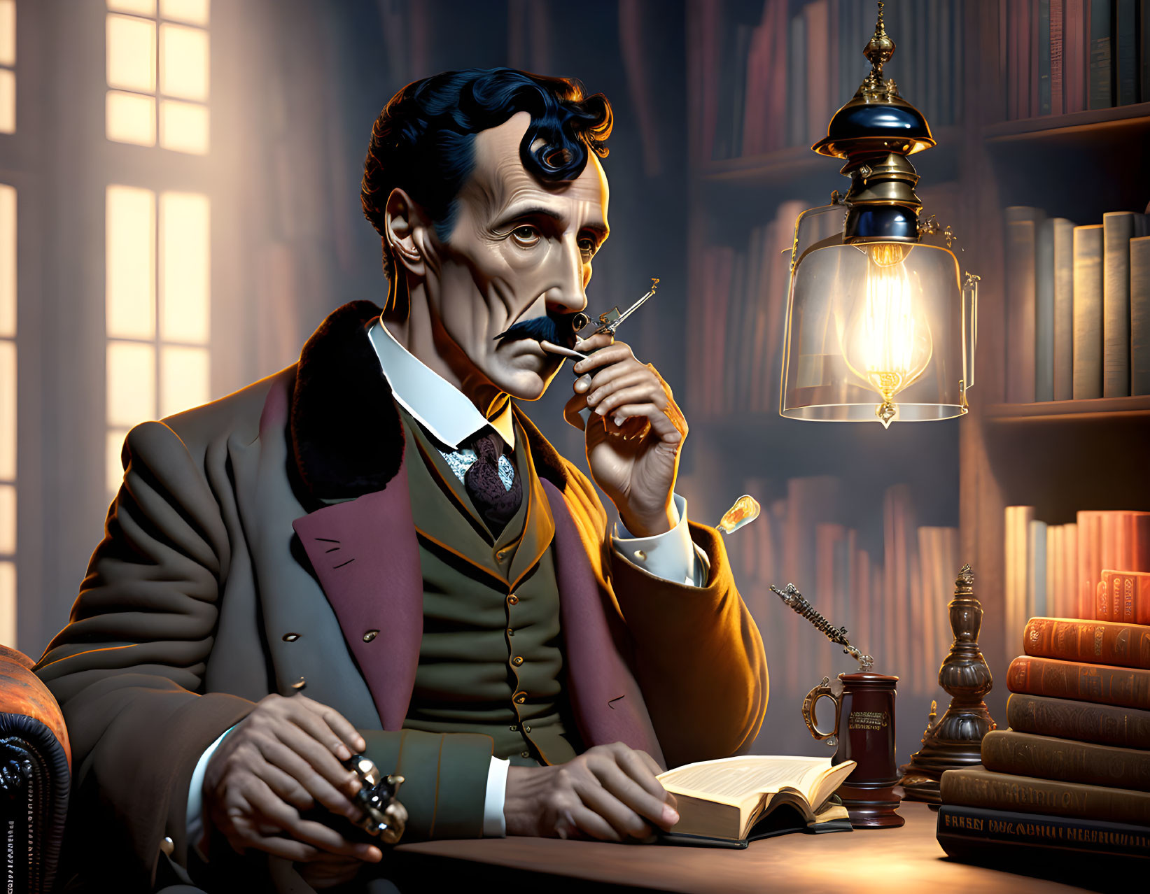 Mustachioed gentleman with pipe in classical library setting.