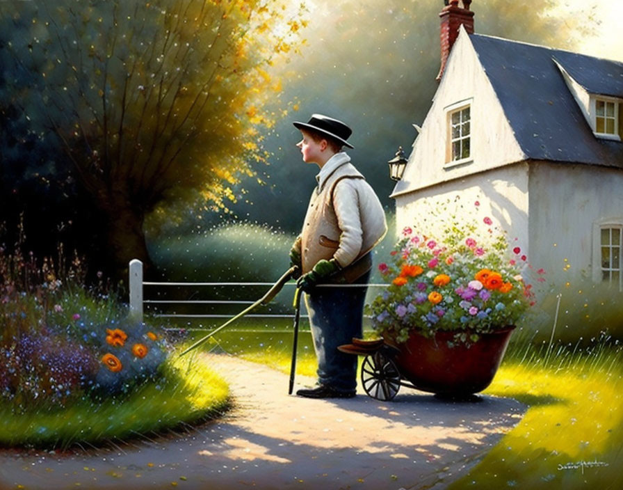 Vintage-dressed man with flowers by gate and house in warm sunlight.