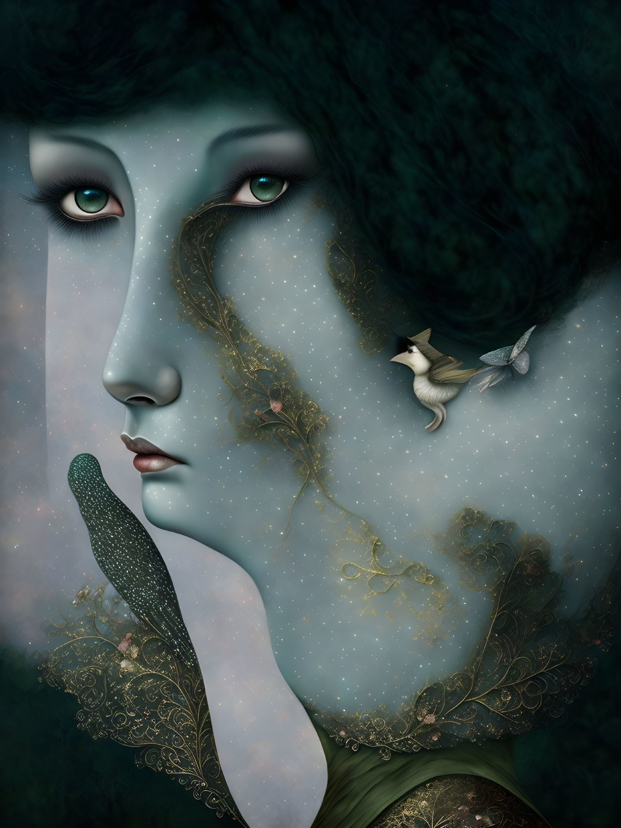 Surreal illustration featuring woman with nature elements and starry pattern