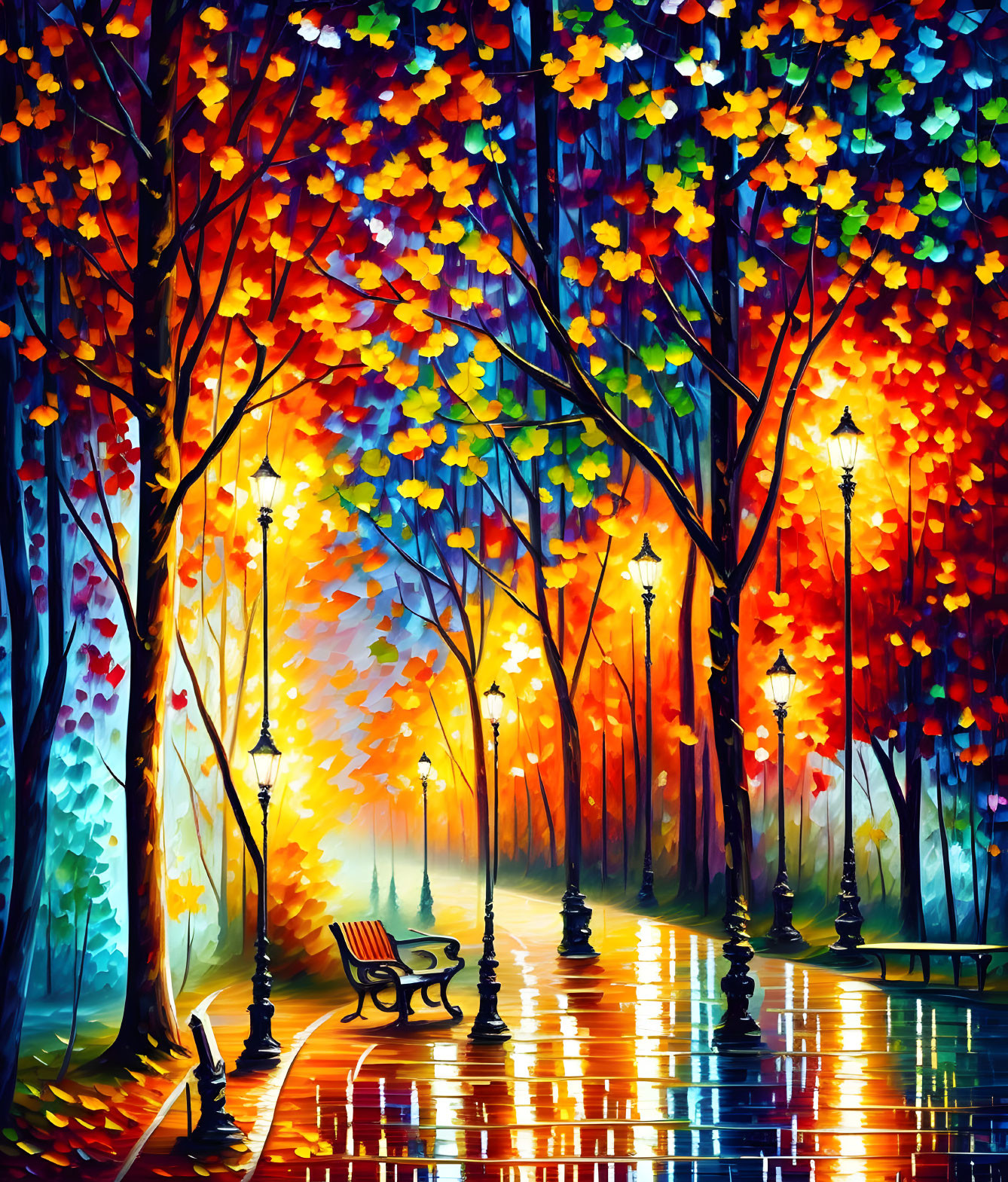 Impressionistic painting of illuminated park path with autumn trees