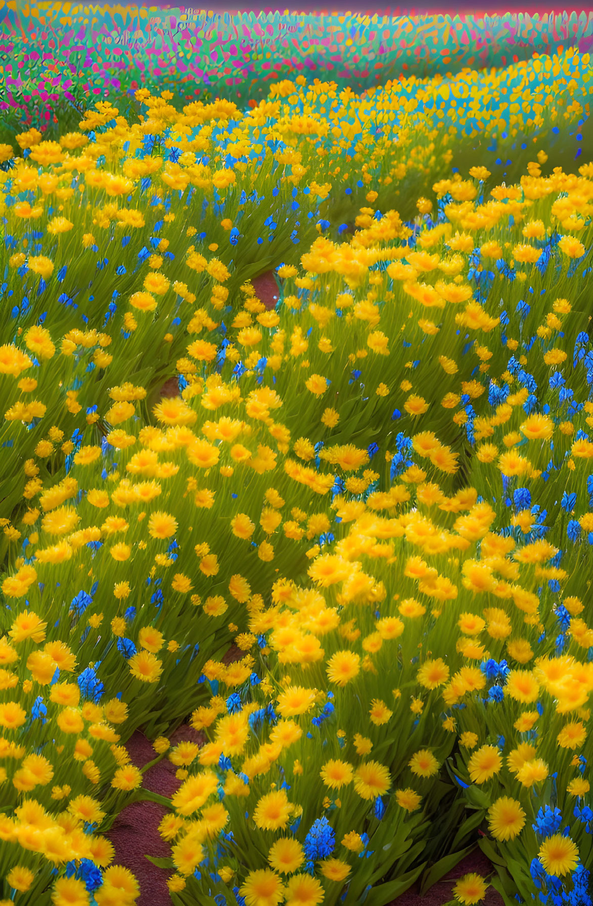 Colorful Yellow and Blue Flower Field with Blurred Background