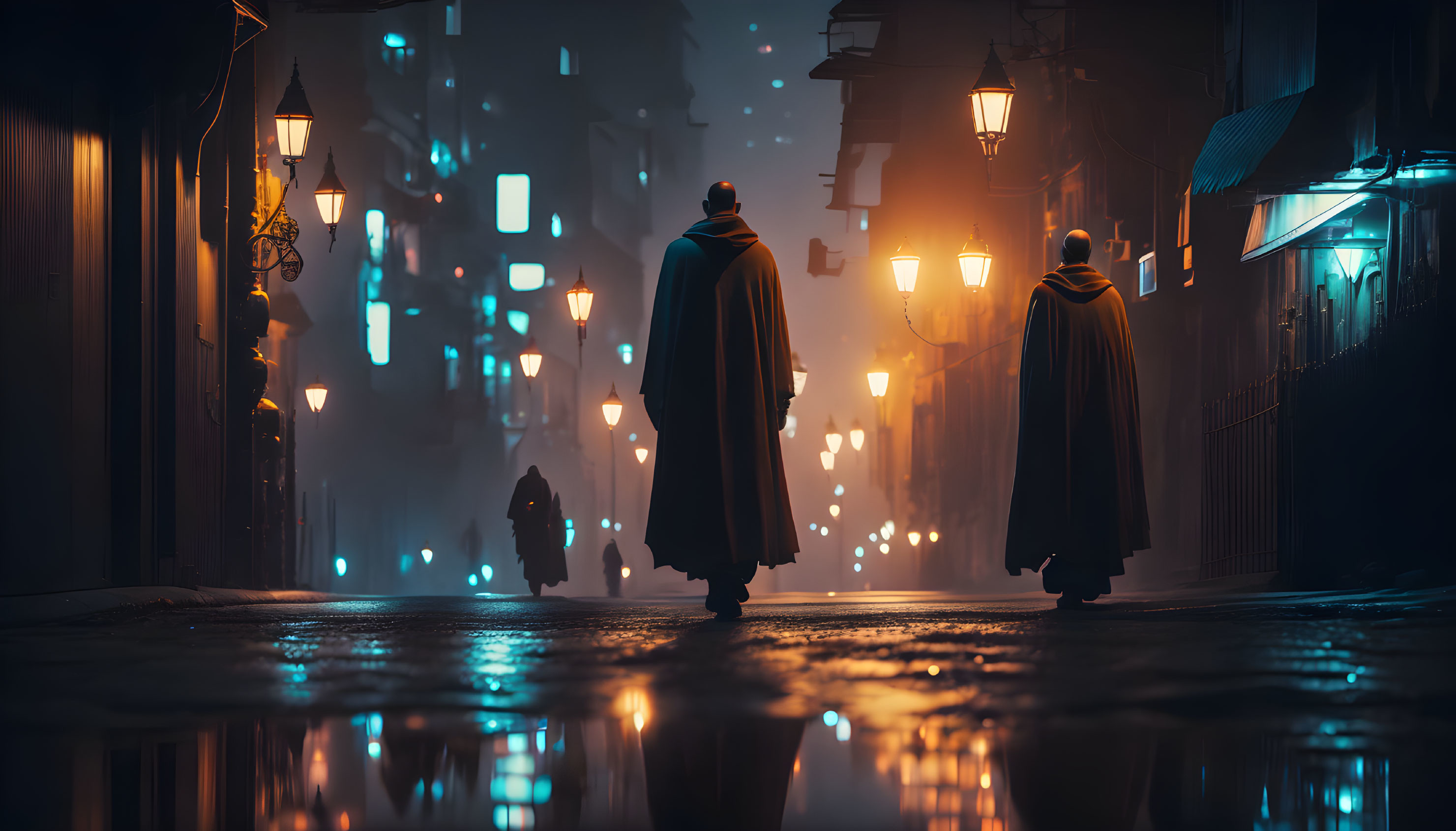 Misty alley with two cloaked figures and glowing particles