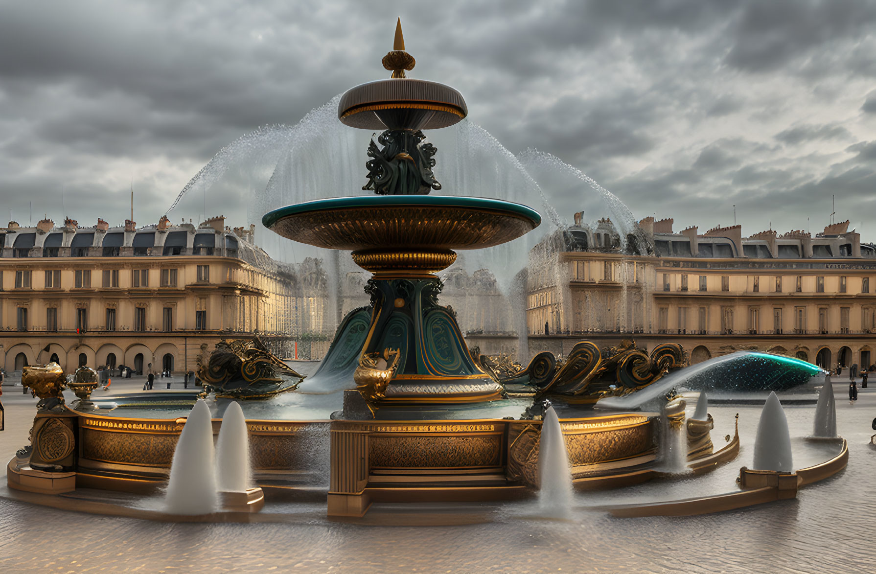 Ornate Fountain in Cobblestone Square with European Buildings