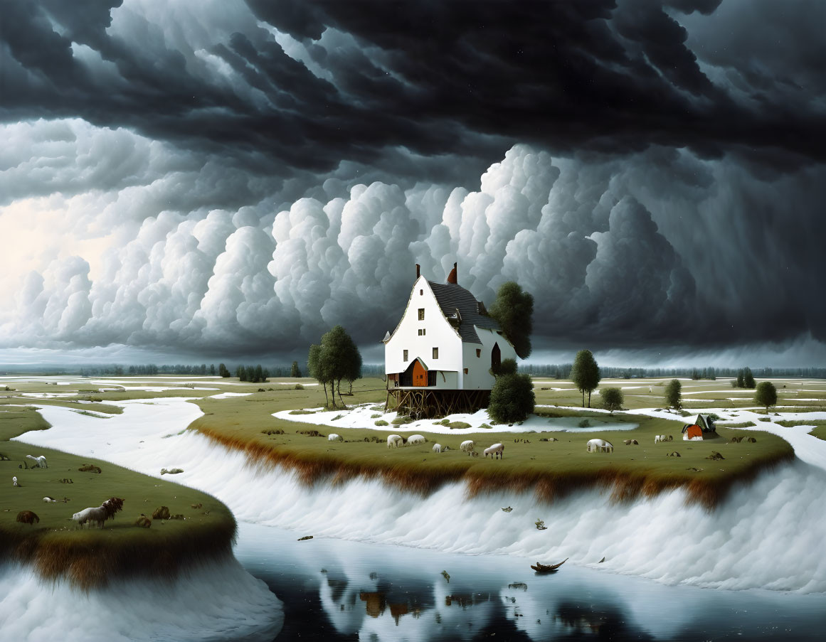 Rural landscape with house, river, sheep, and cloudy sky