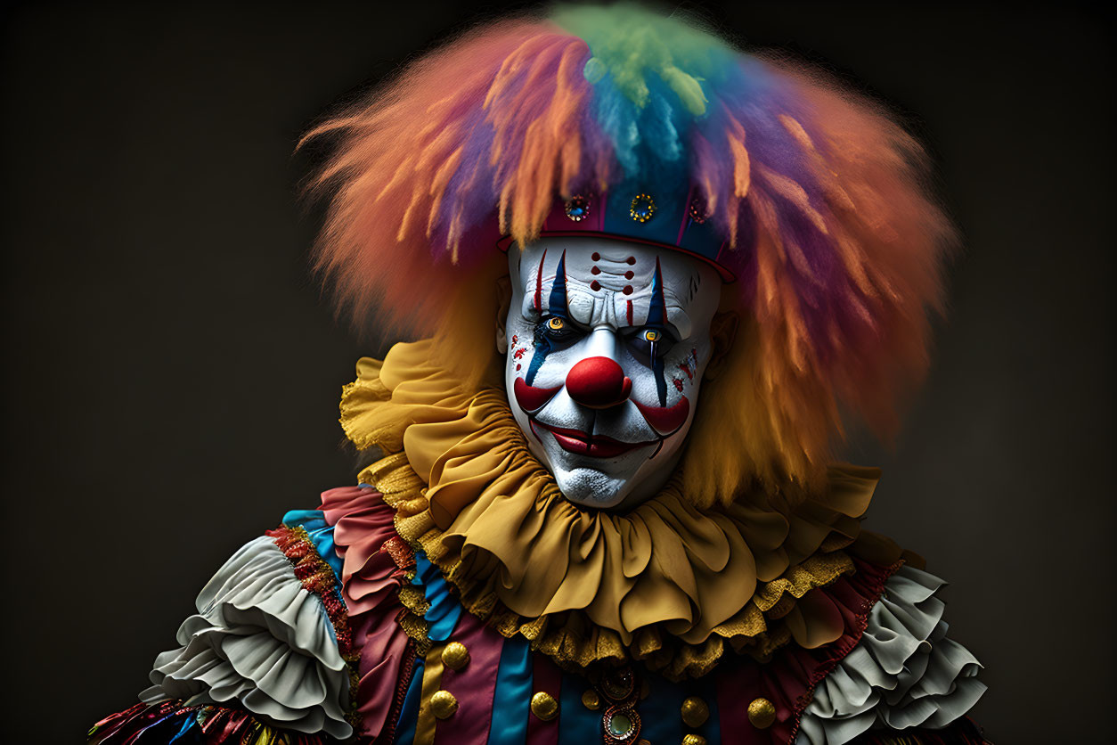 Colorful Clown with Rainbow Wig and Painted Face on Dark Background