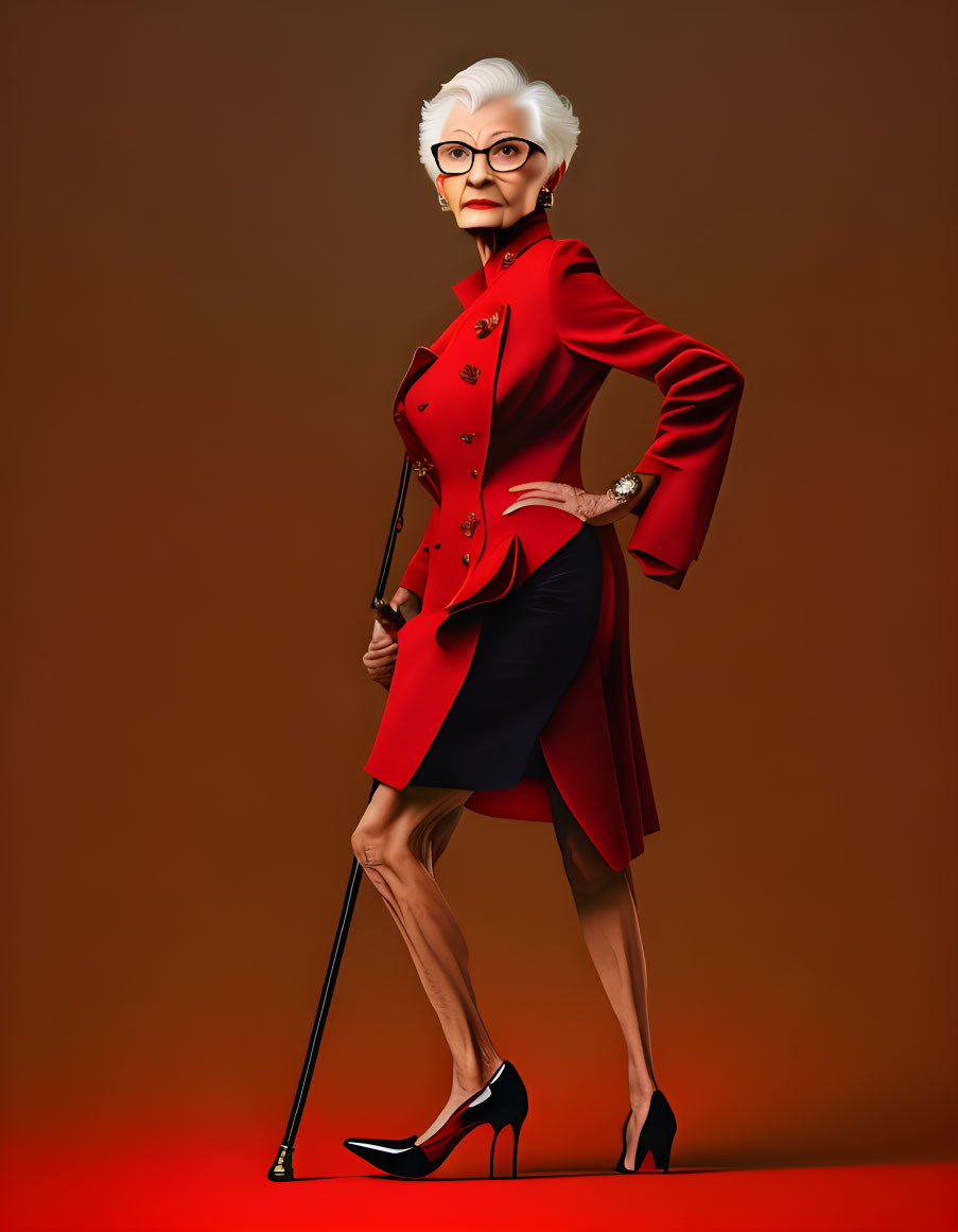 Elderly animated woman in red outfit confidently posing with cane