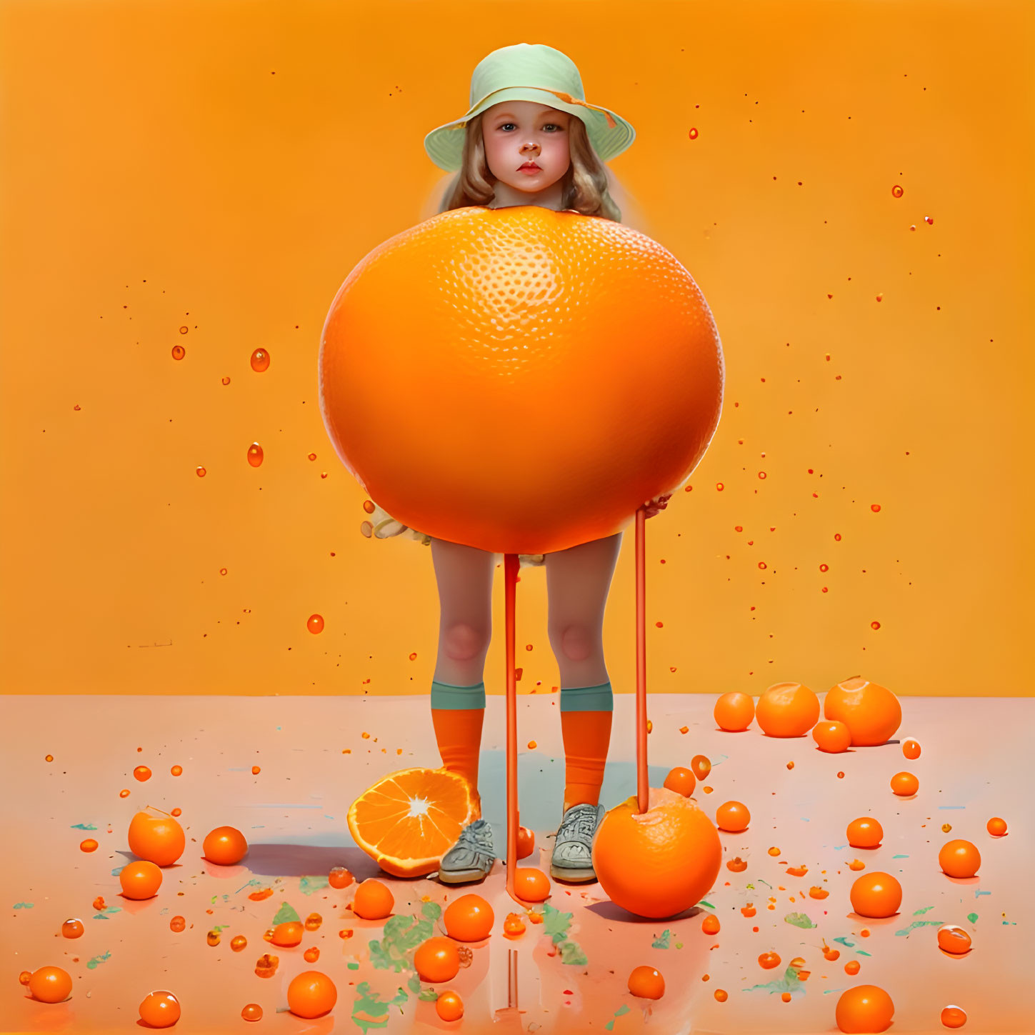 Girl with Large Orange Body and Hat Among Scattered Oranges