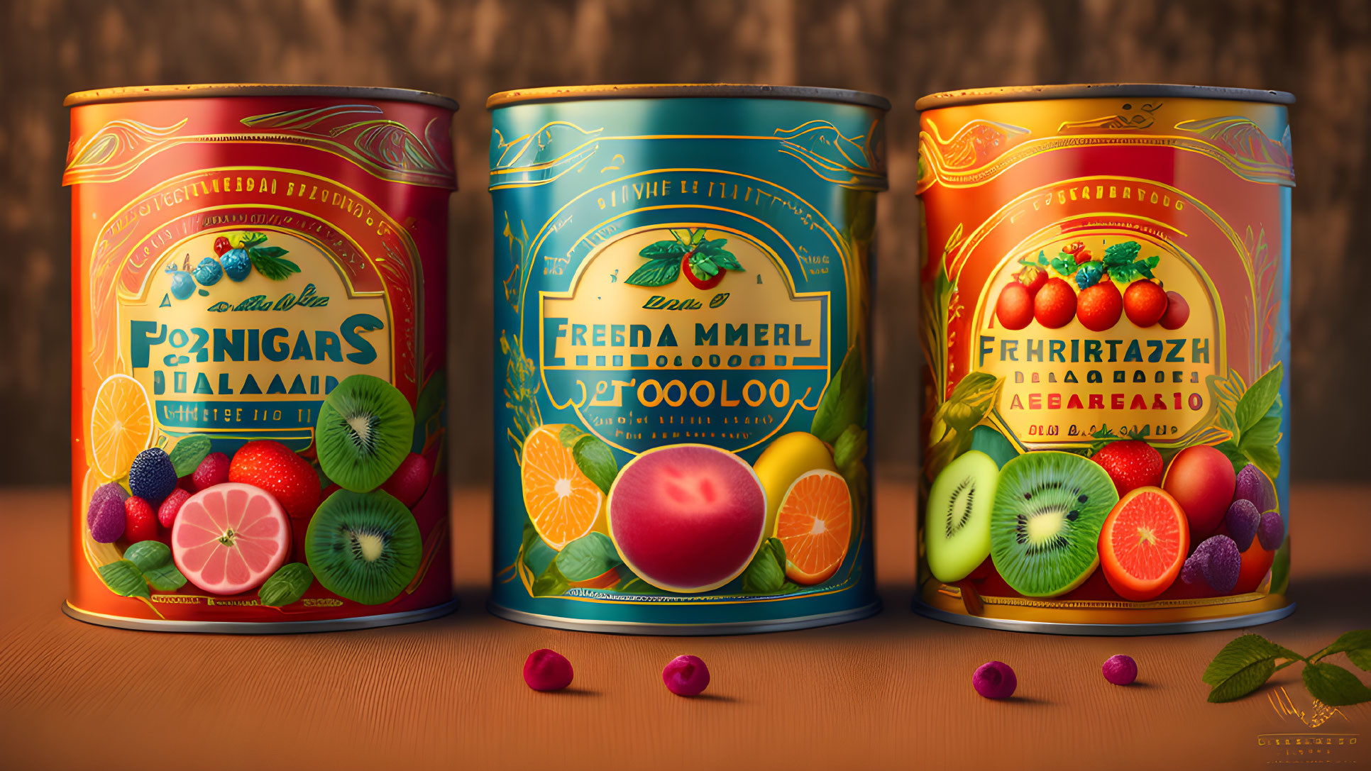 Colorful vintage-style tin cans with fruit illustrations on wooden surface