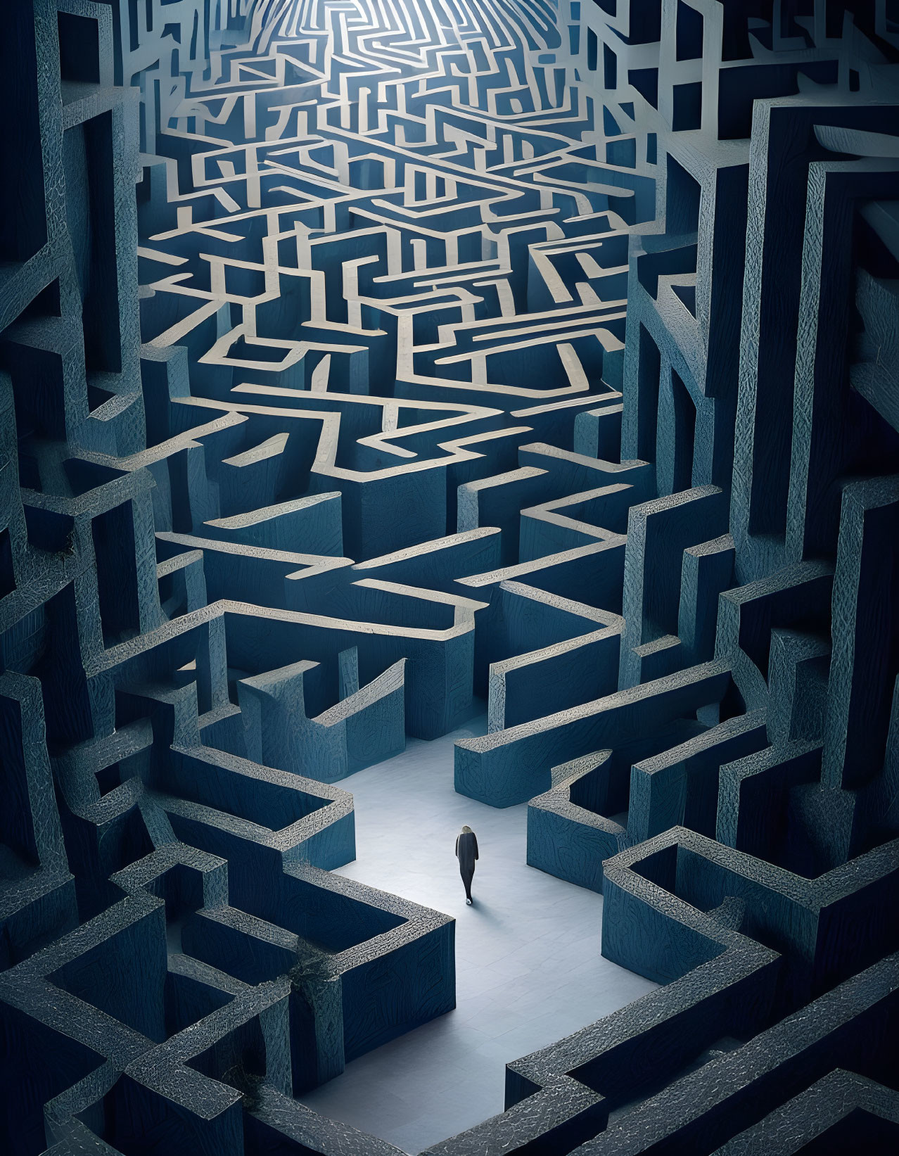 Solitary figure navigating intricate 3D maze