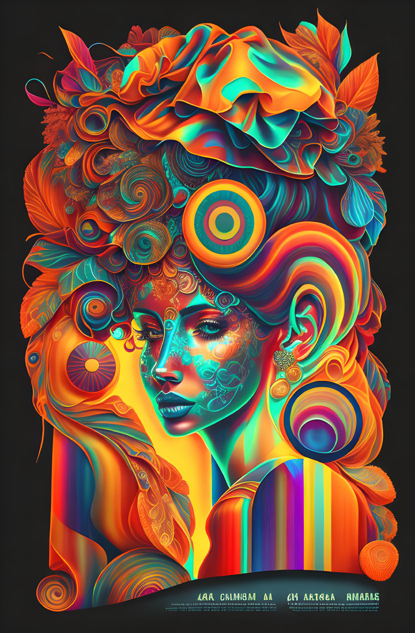 Colorful Hair Woman Artwork with Abstract Patterns on Dark Background