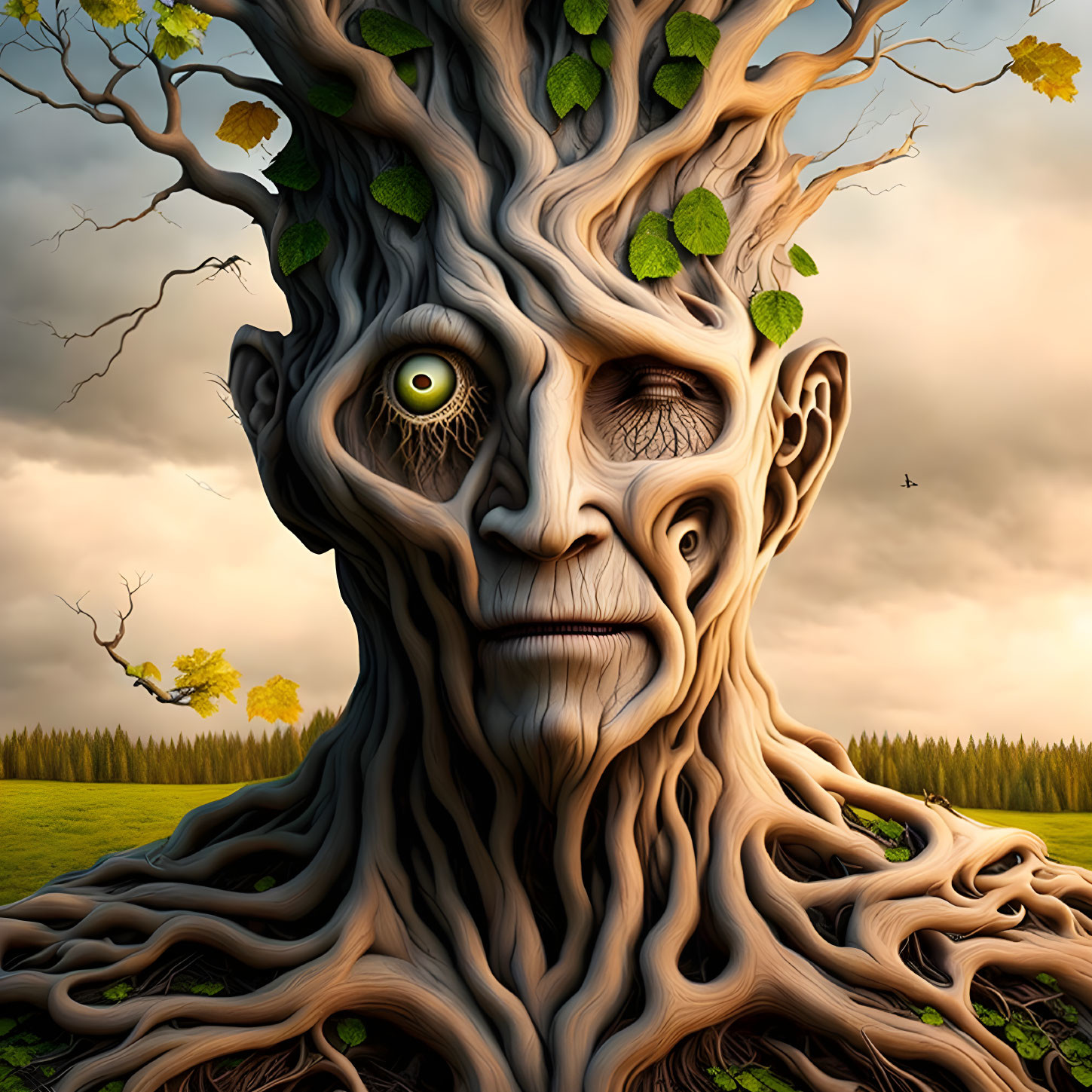 Surrealist image of tree with human-like features in pastoral setting