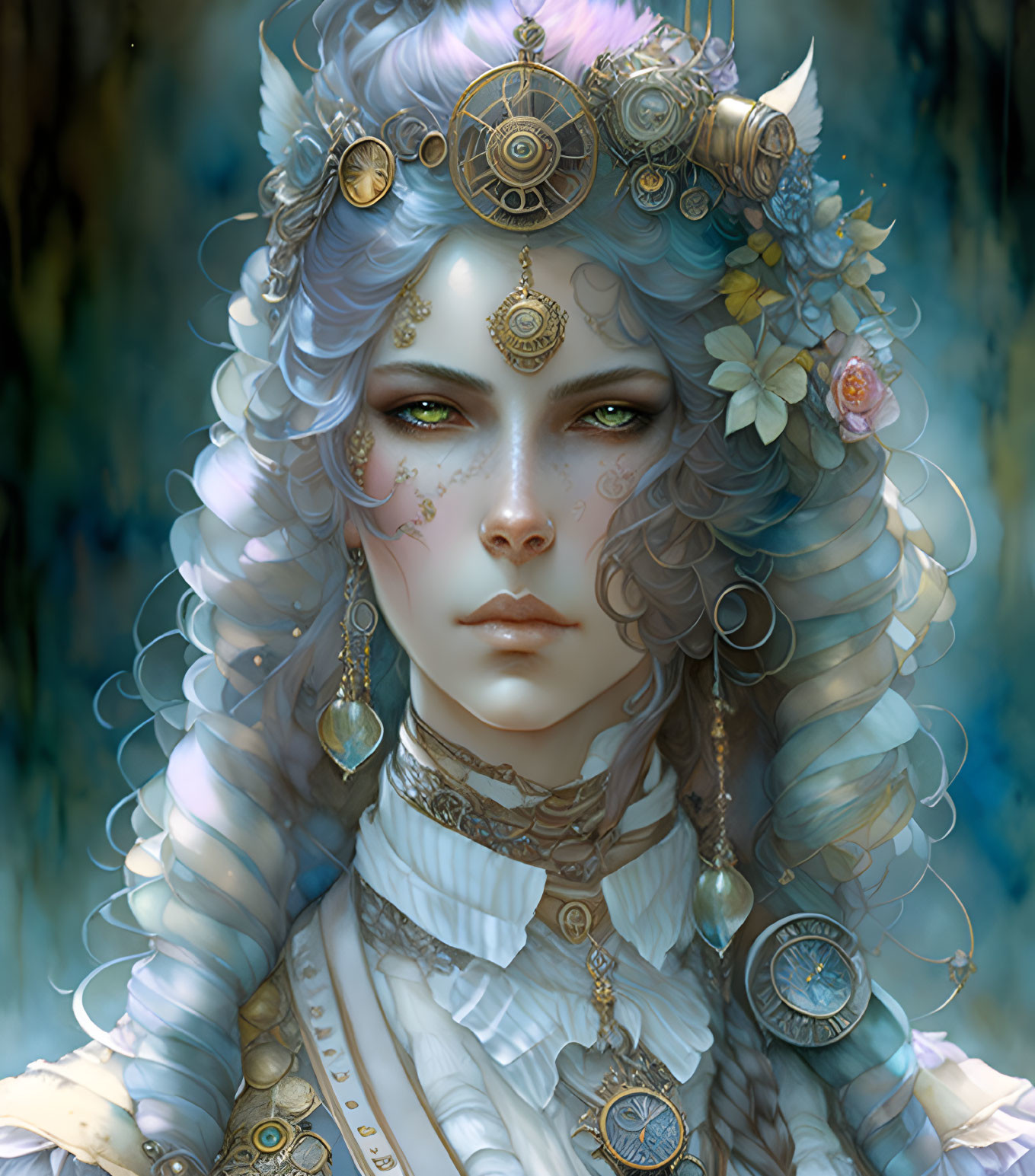 Portrait of a person with blue hair and ornate jewelry in a regal fantasy theme