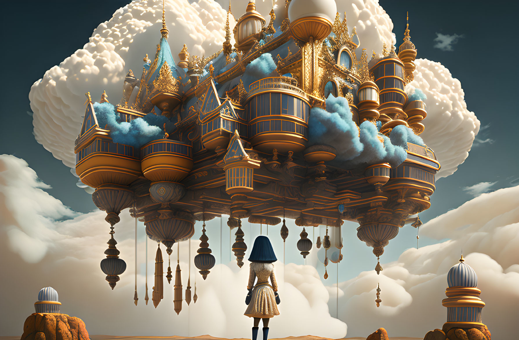 Blue-dressed person gazes at golden castle in whimsical sky