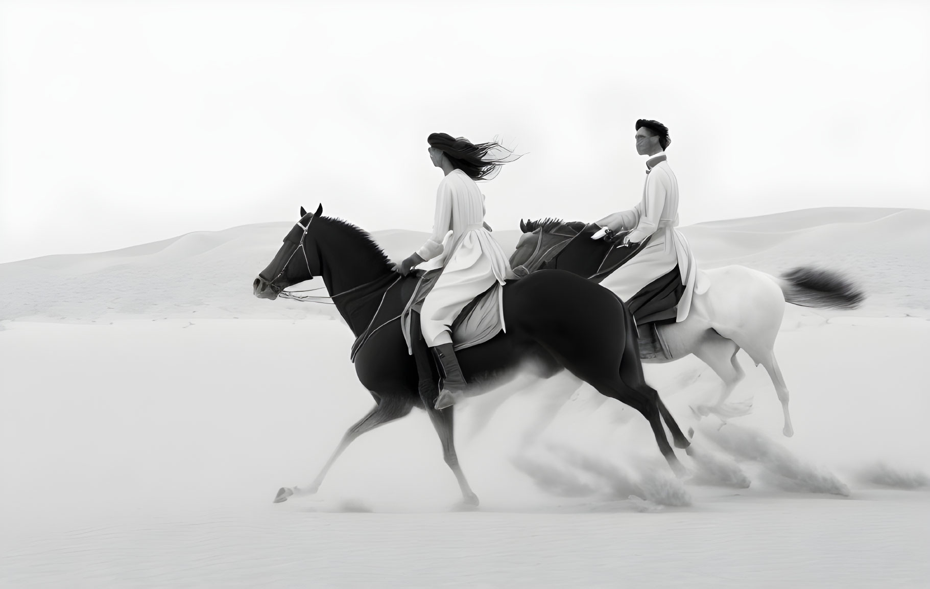 Monochrome image of two riders on horses in sandy terrain