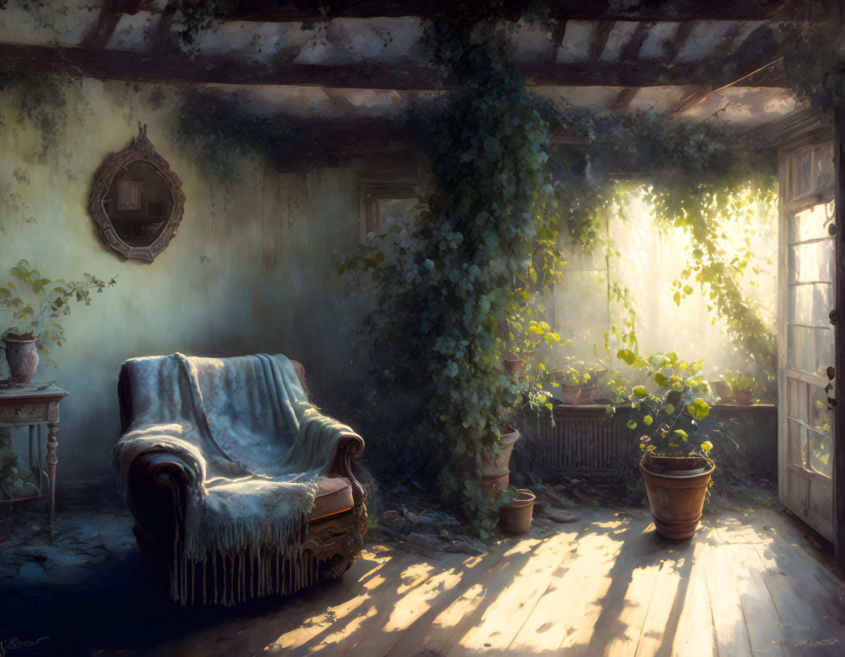 Sunlit Room with Ivy Wall, Armchair, and Plants