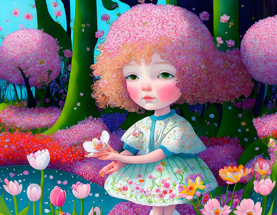 Illustration of young girl with green eyes & pink hair in floral setting