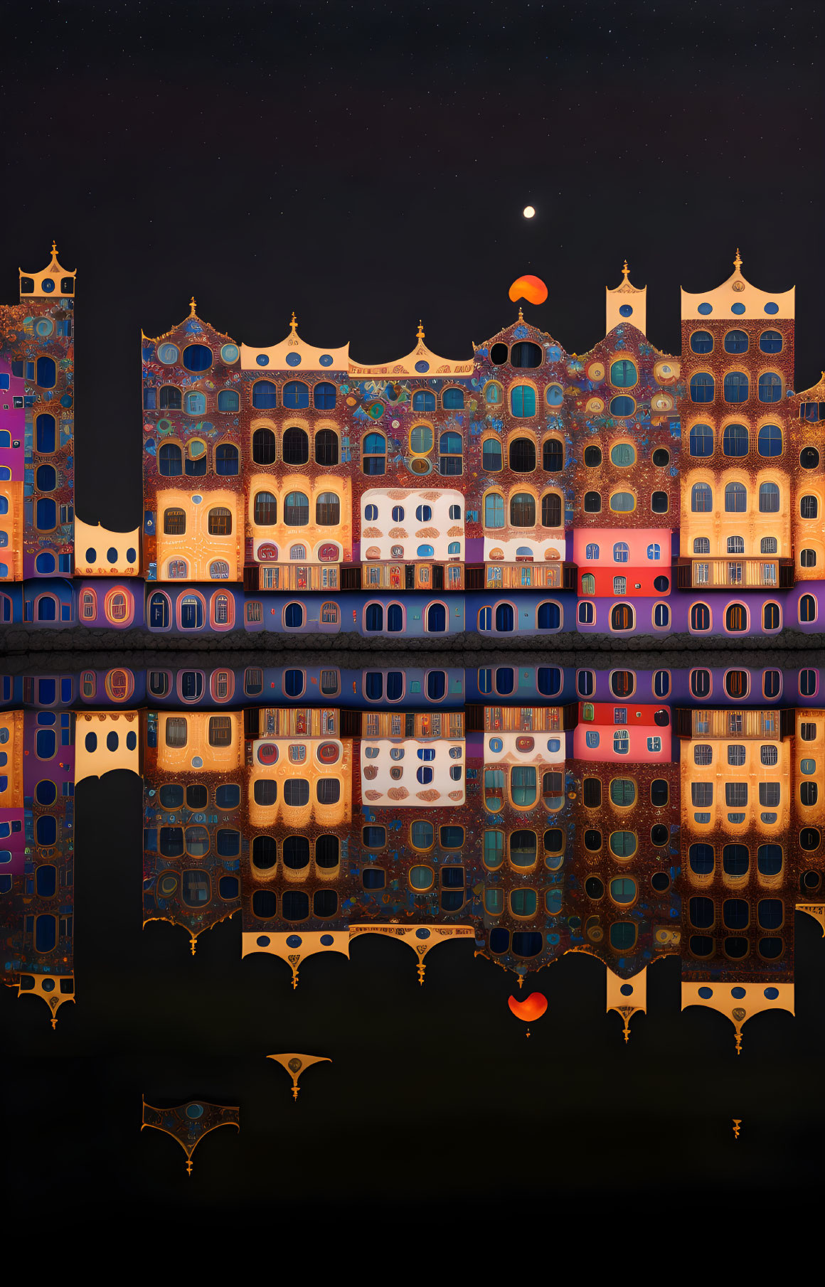 Colorful, ornate buildings in starry night reflection with crescent moon