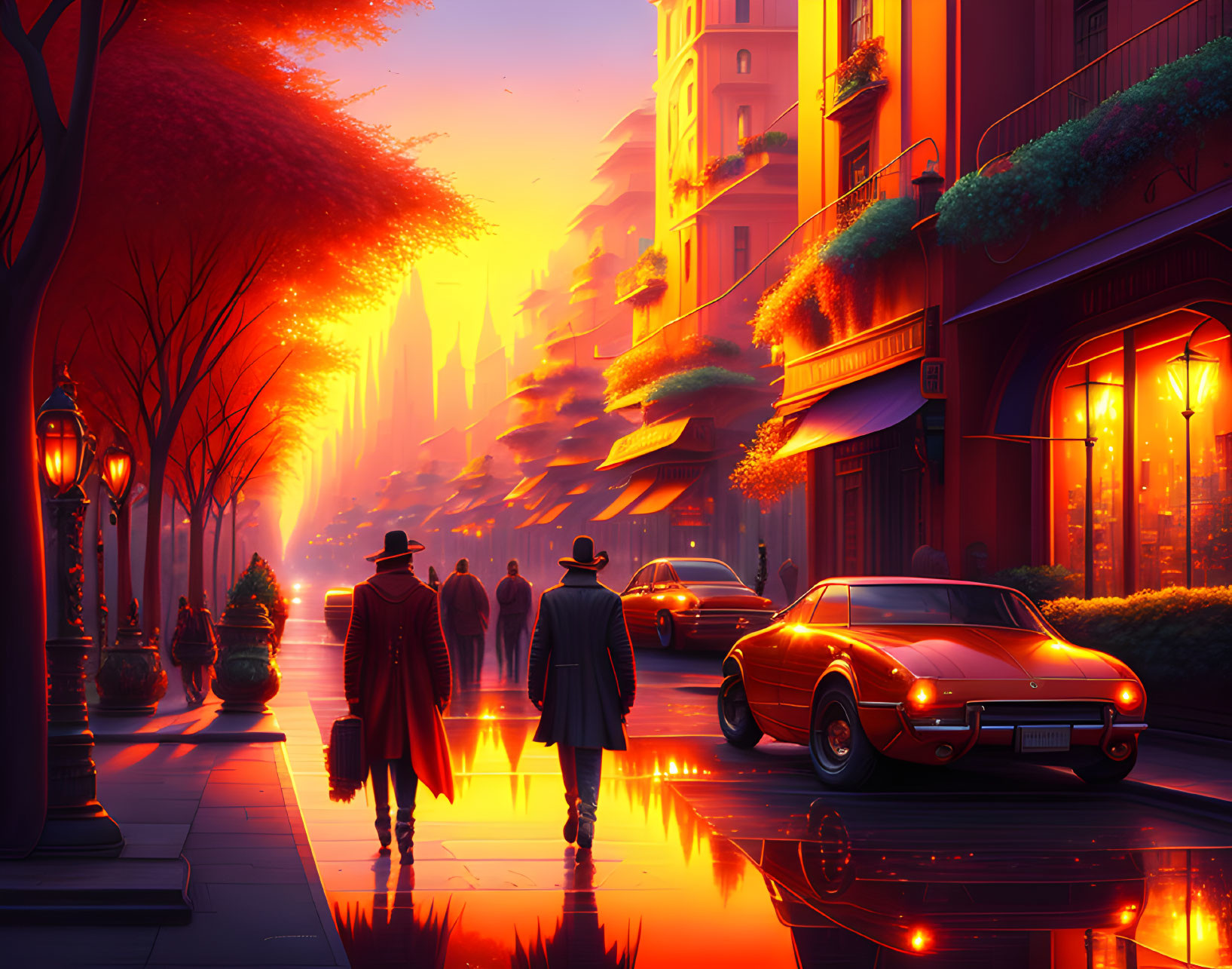 Urban scene: Two people walk on wet city street at sunset, vintage cars parked, buildings with green