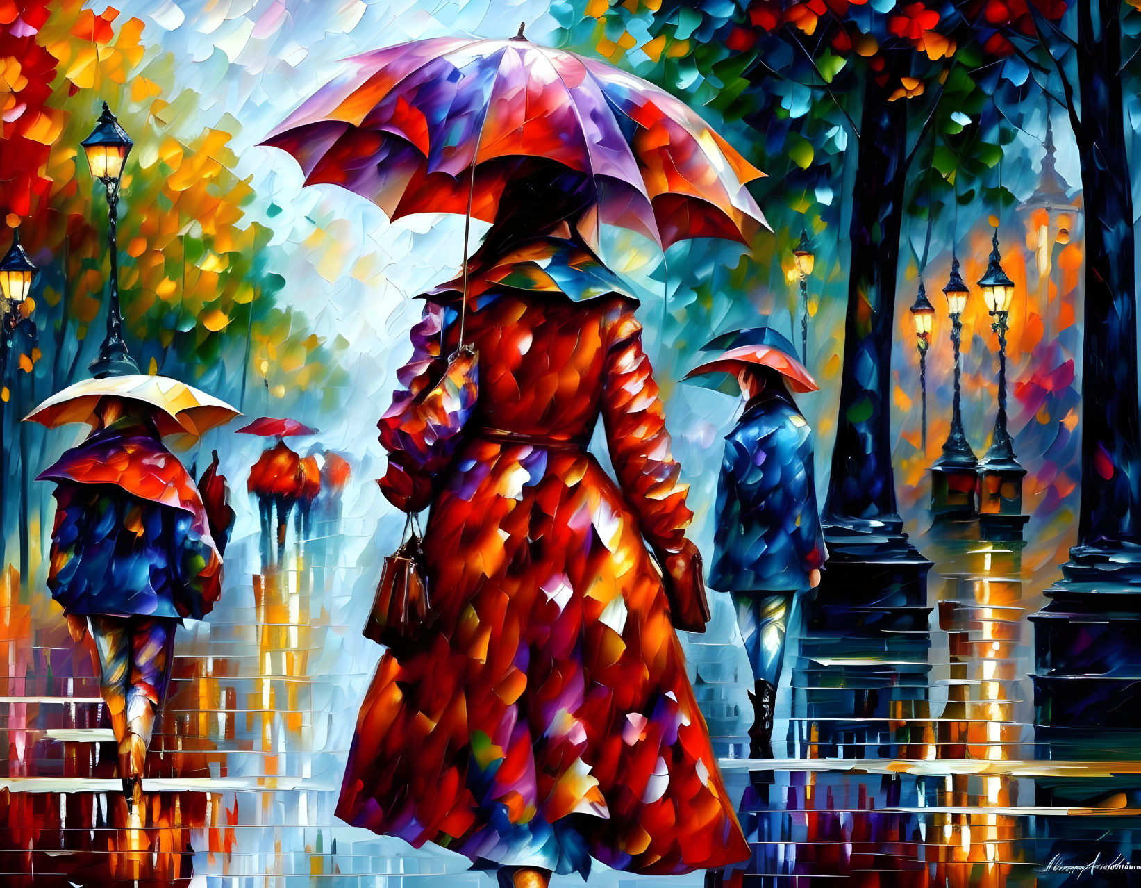 Colorful painting of person in red coat with umbrella on rainy street