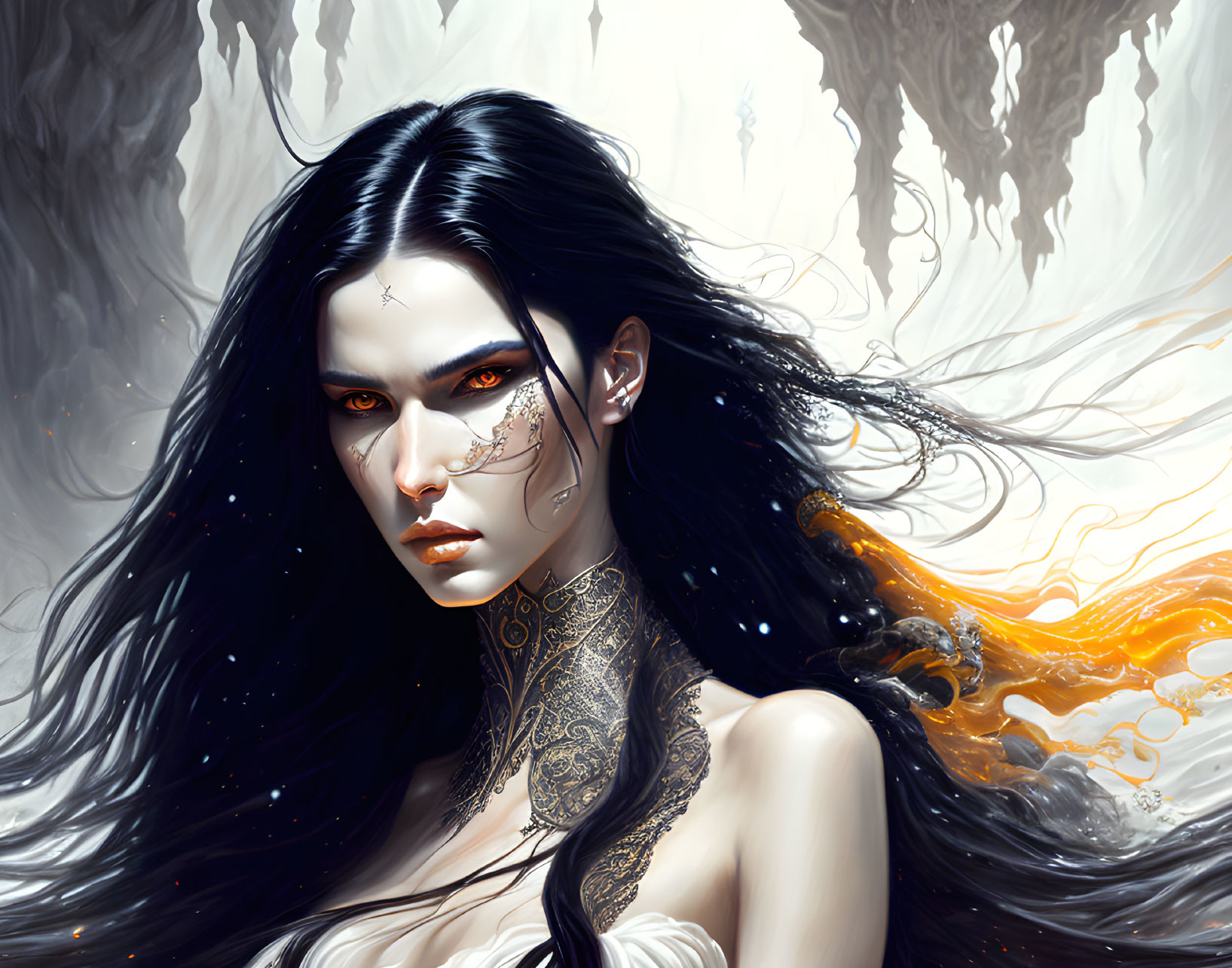 Illustrated portrait of woman with long black hair and orange eyes in mystical setting