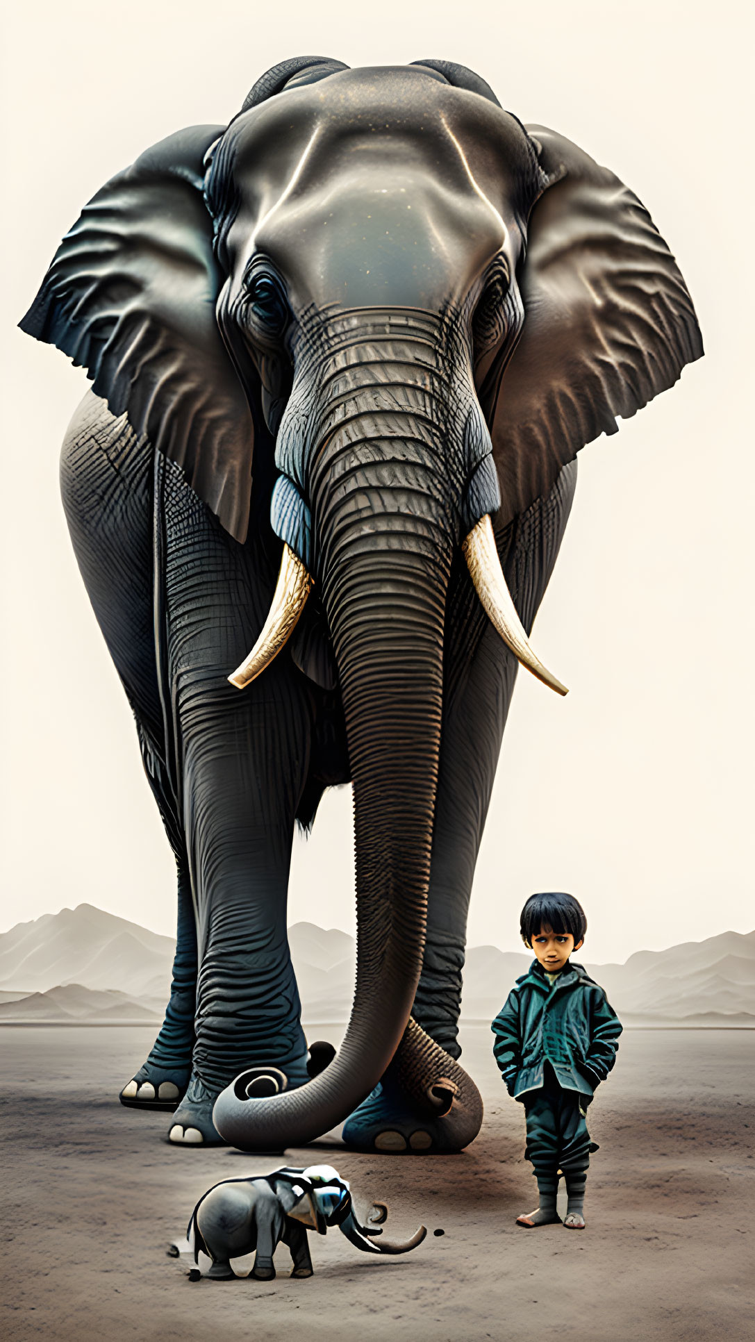 Child with elephant and cosmos pattern in desert scenery