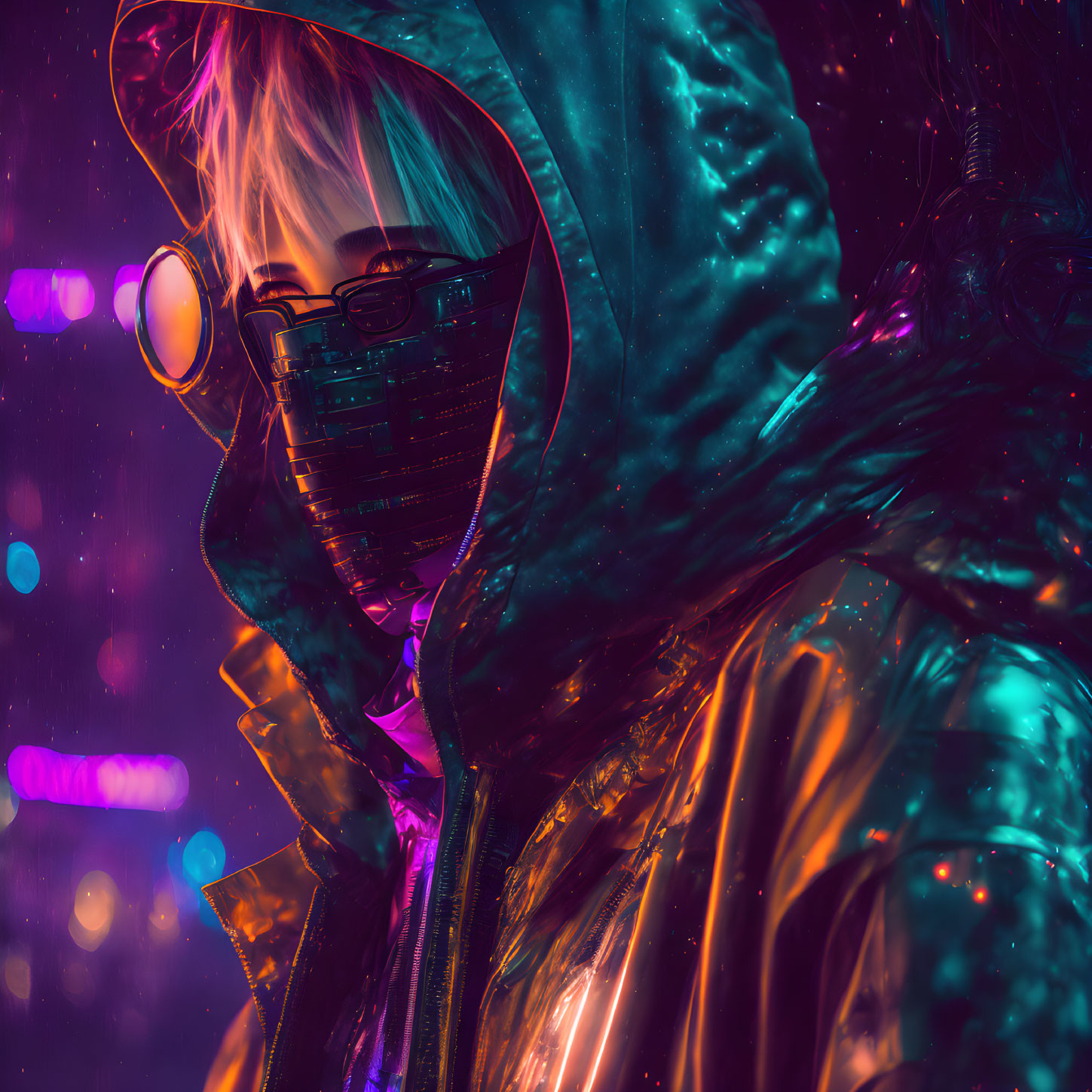 Person in Hood with Reflective Glasses and Mask in Neon-lit Bokeh Scene