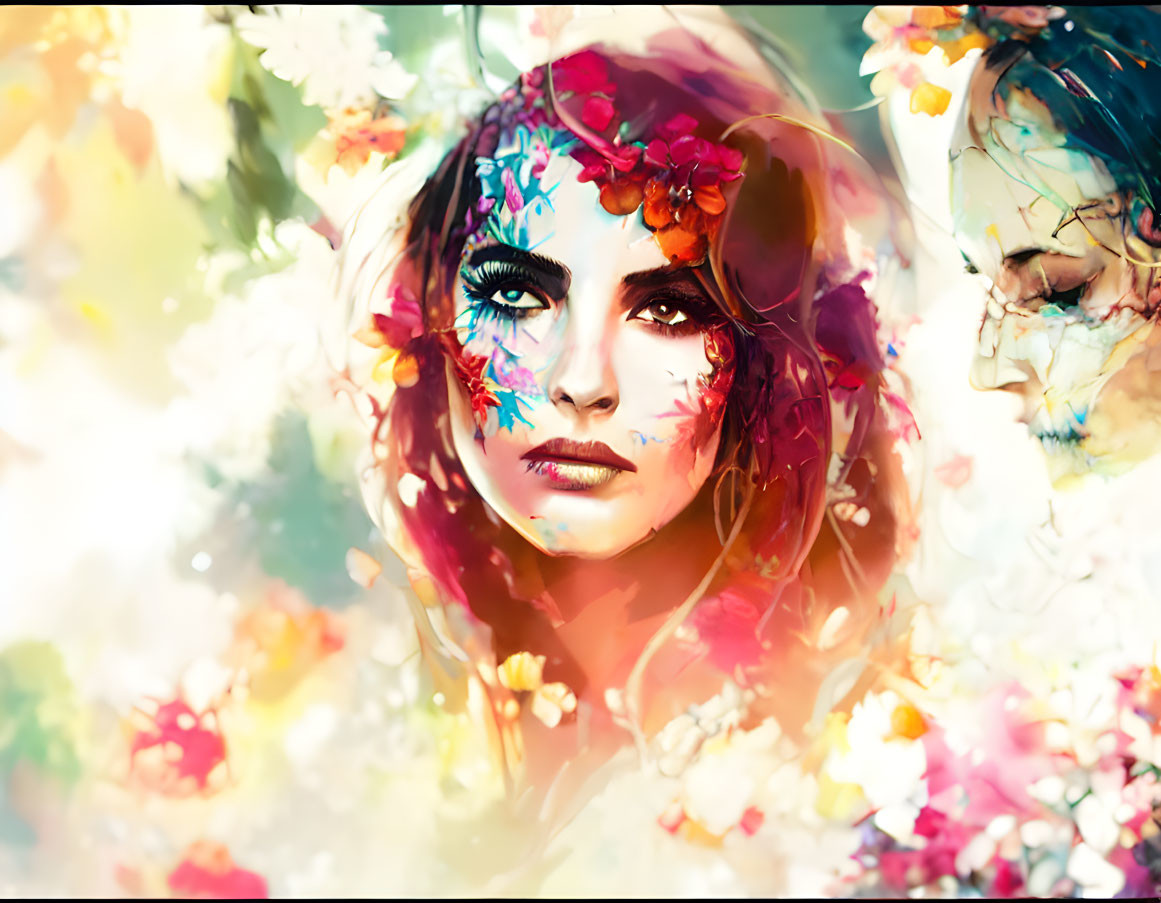 Colorful Abstract Digital Painting of Women's Faces with Floral Elements