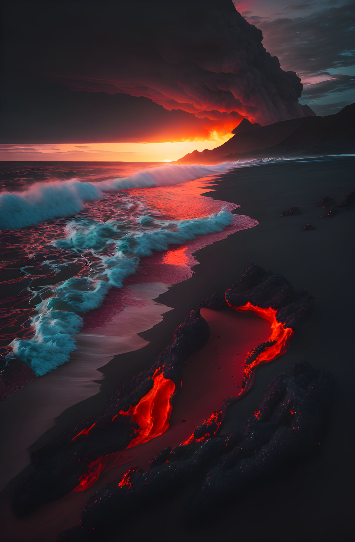 Dramatic sunset beach scene with lava flows meeting ocean waves