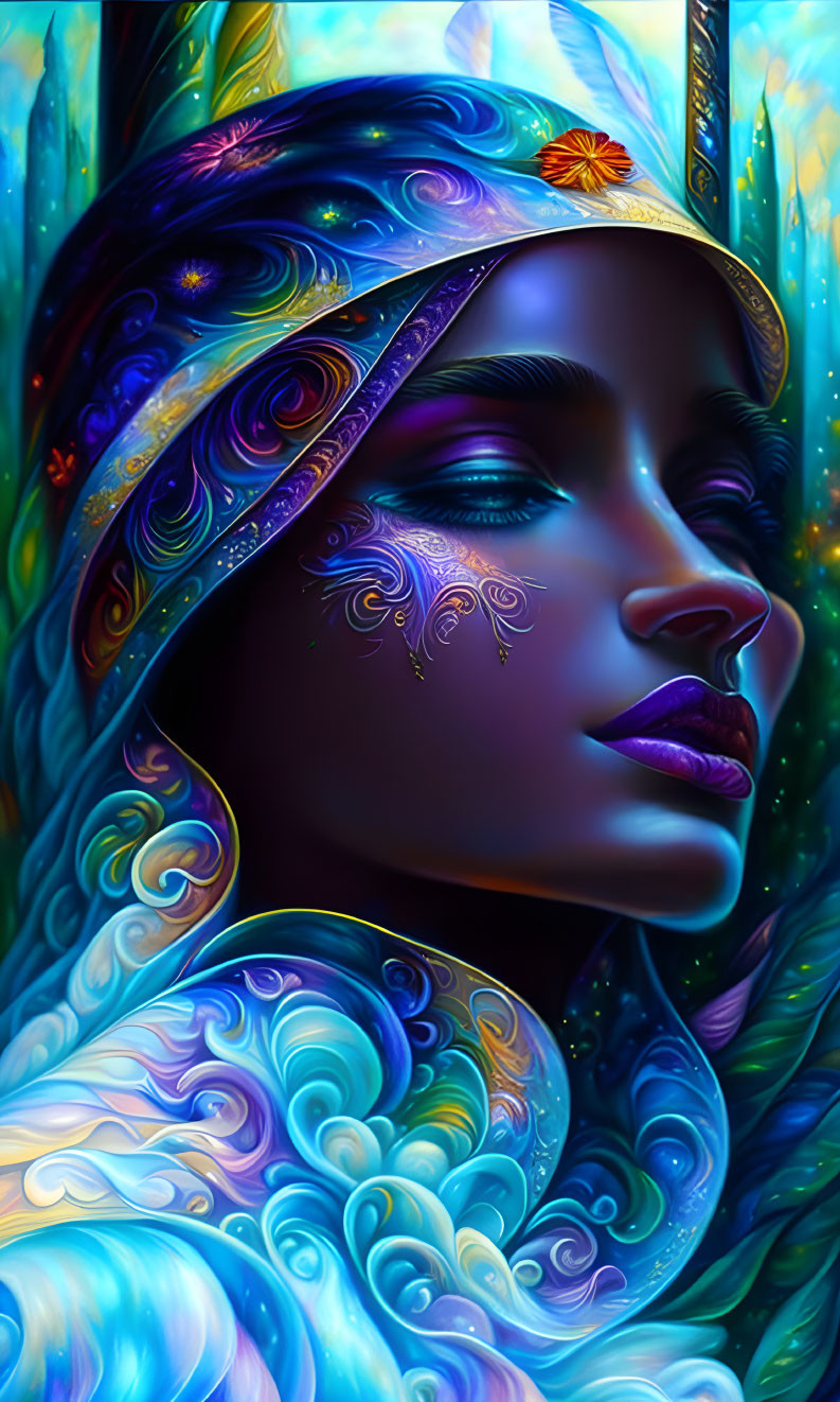 Colorful digital artwork: Woman with ornate headscarf, floral patterns, against luminous blue