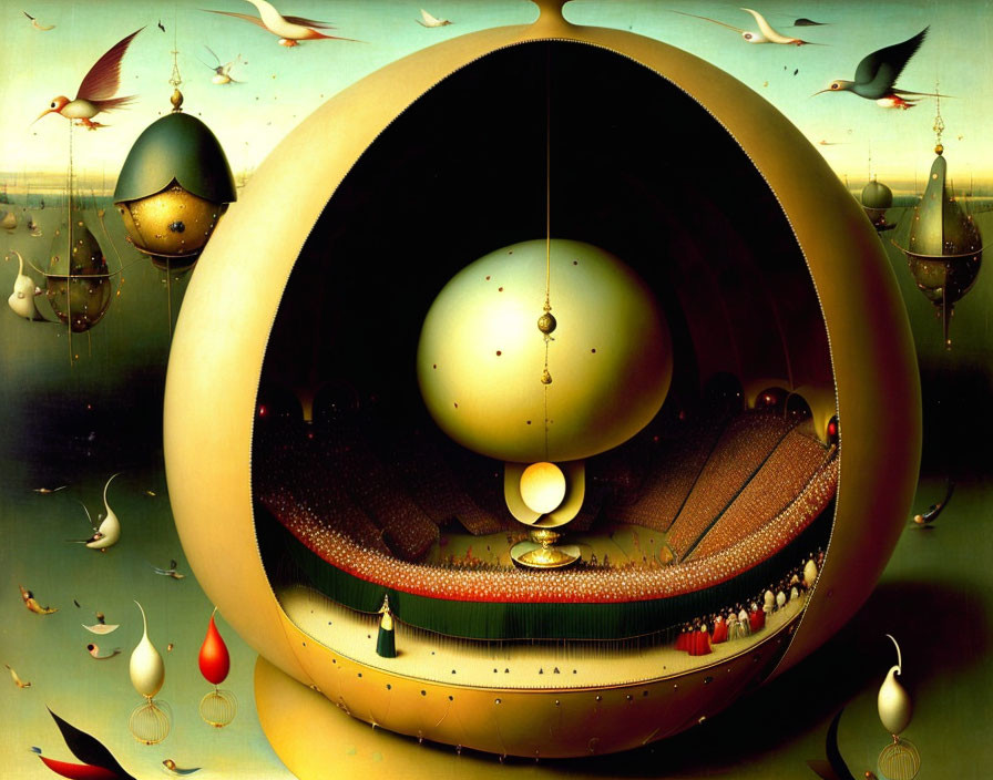 Surrealist painting: Theater in egg structure with golden sphere & bird-like figures