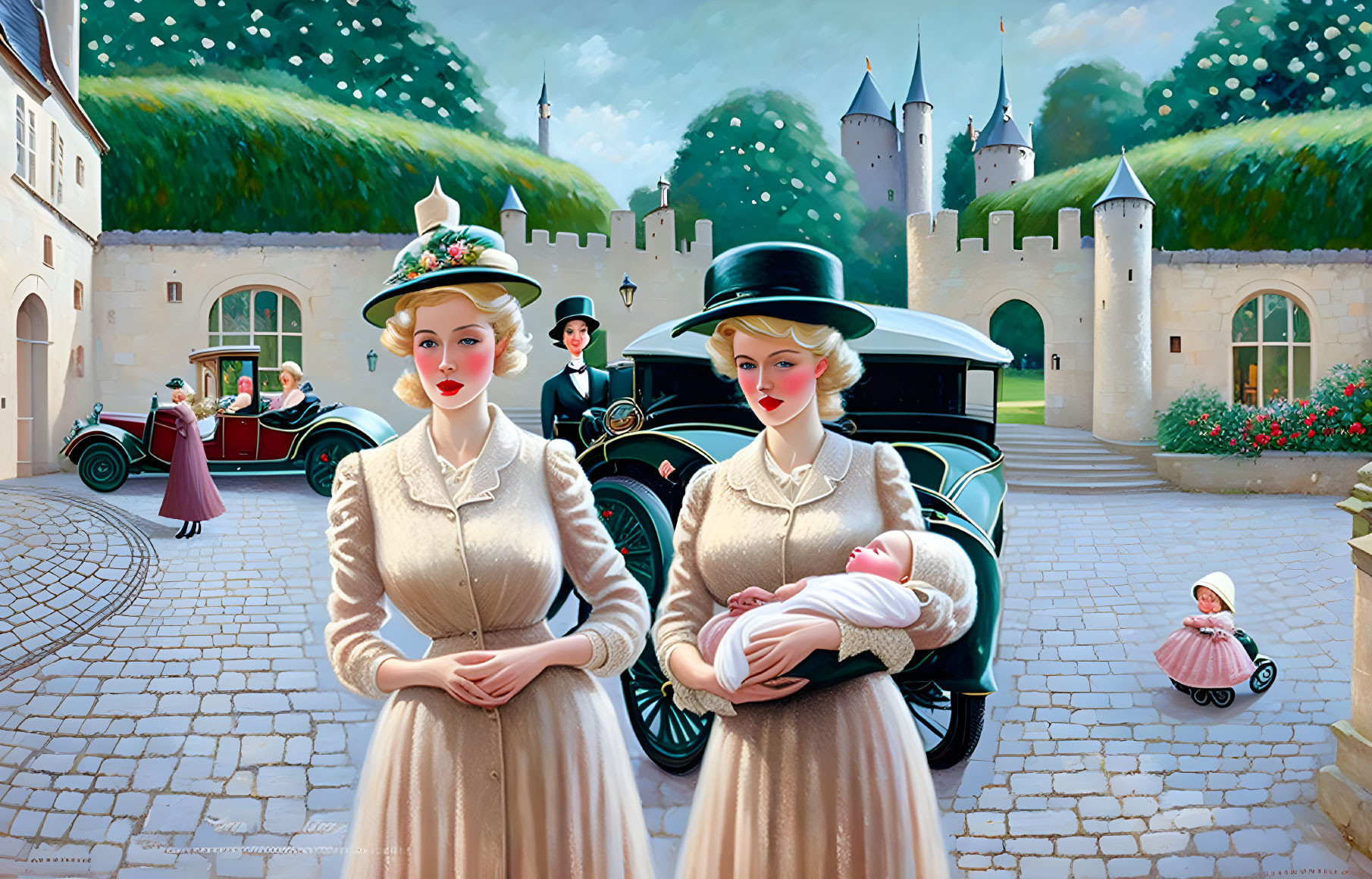 Two elegantly dressed women with babies in a courtyard with vintage car and castle.