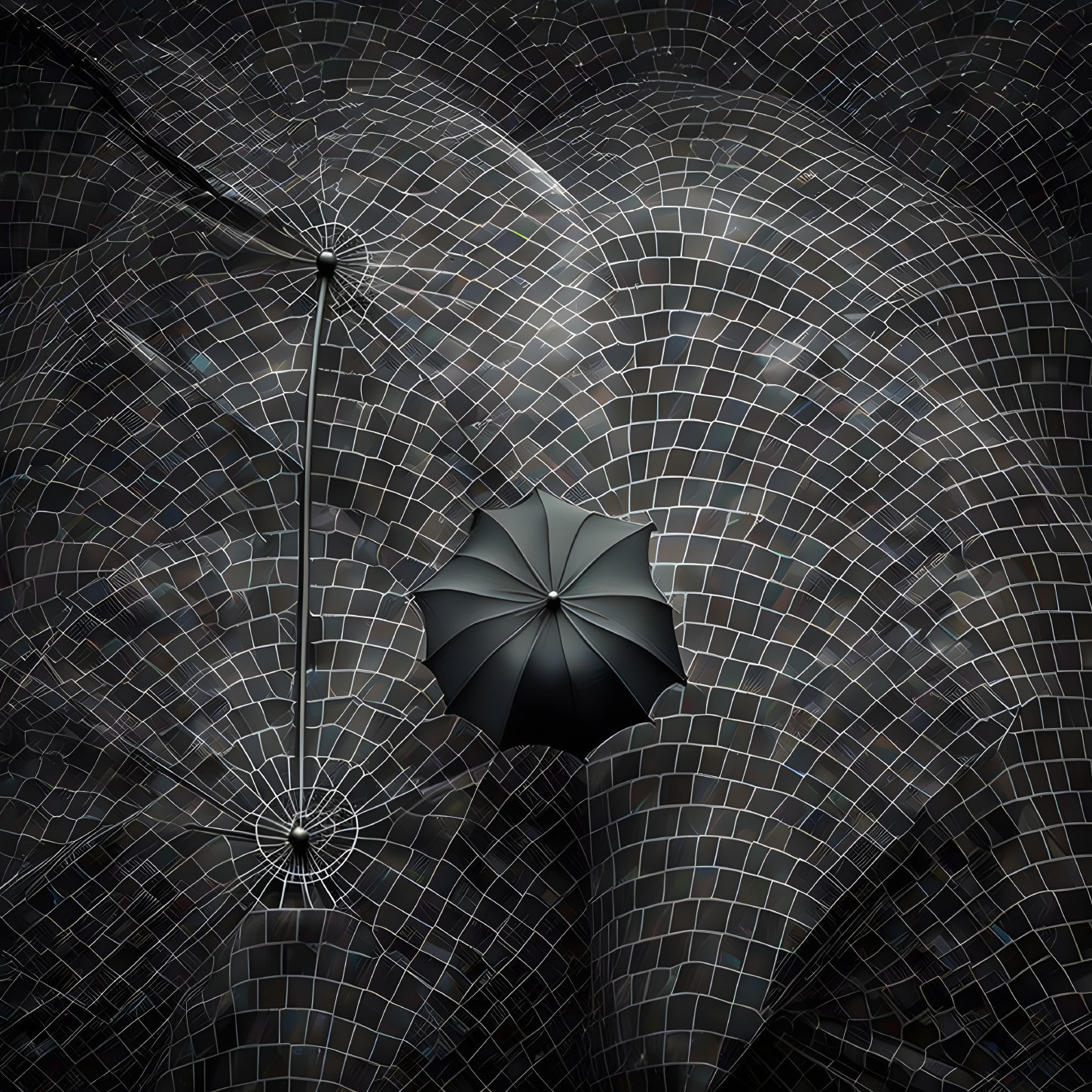 Surreal image of spider-web umbrellas over mosaic landscape