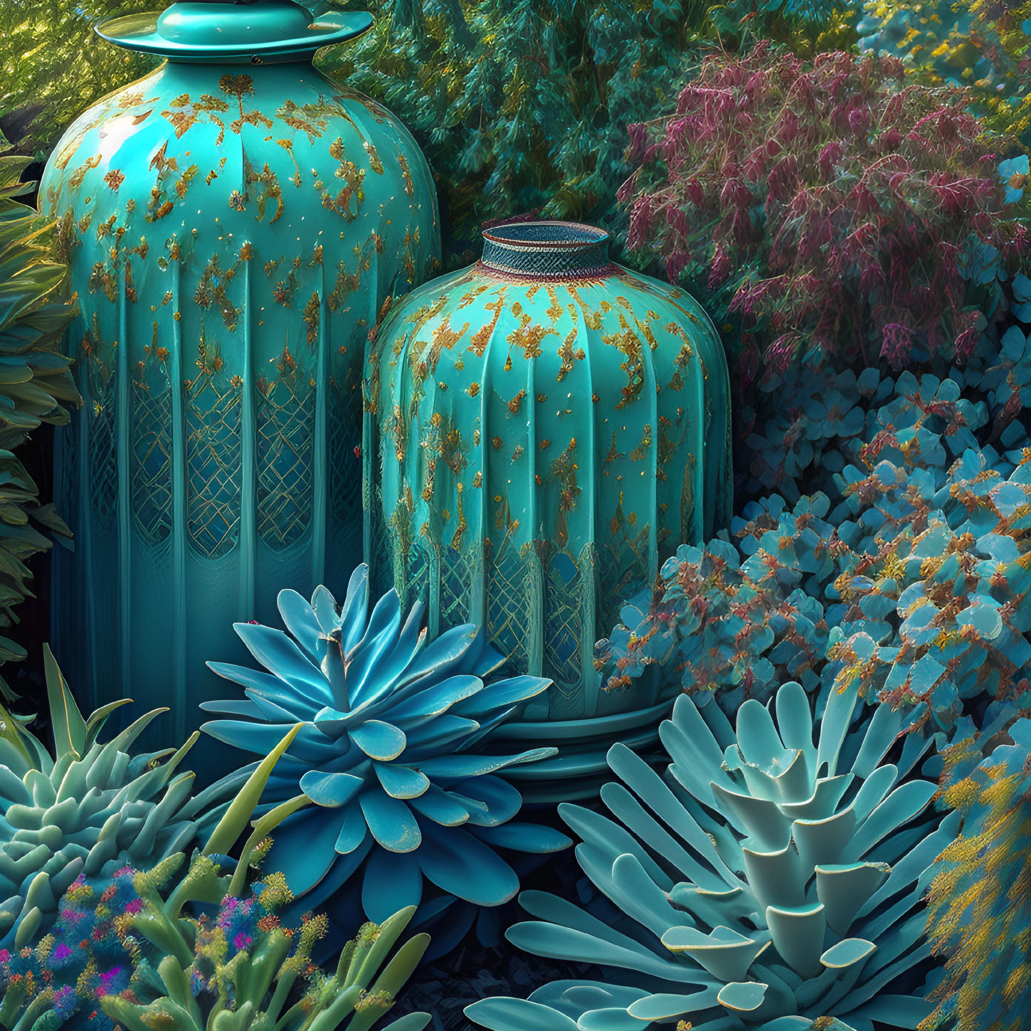 Ornate turquoise vases with succulents in vibrant garden