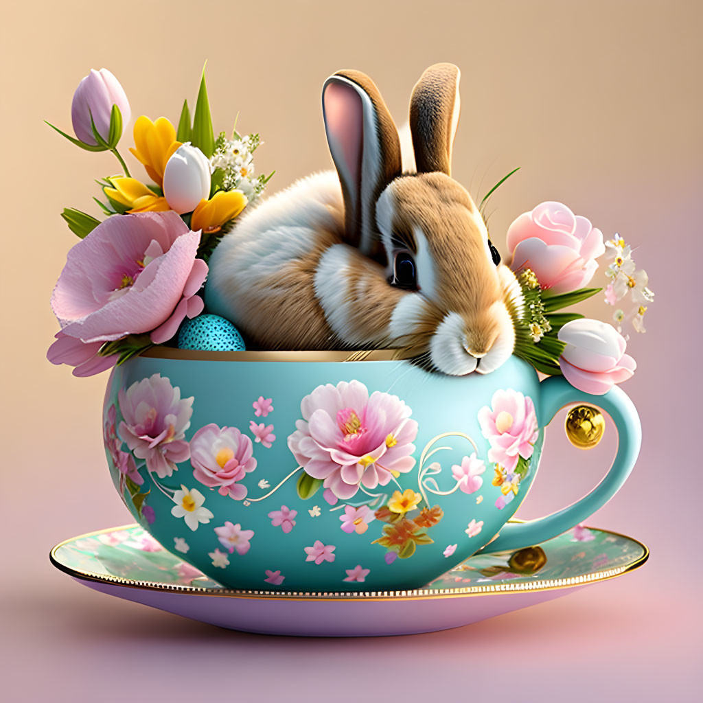 Adorable bunny in floral teacup with Easter eggs & spring flowers