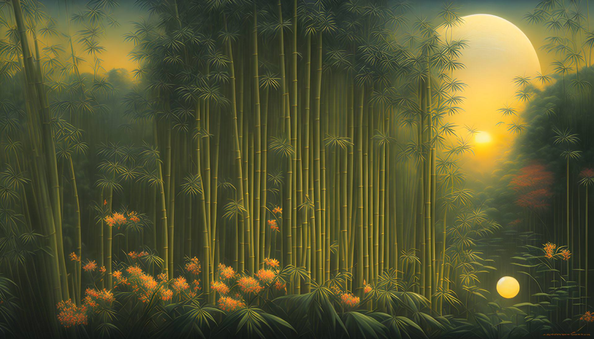 Bamboo forest at sunset with blooming flowers and reflective orb