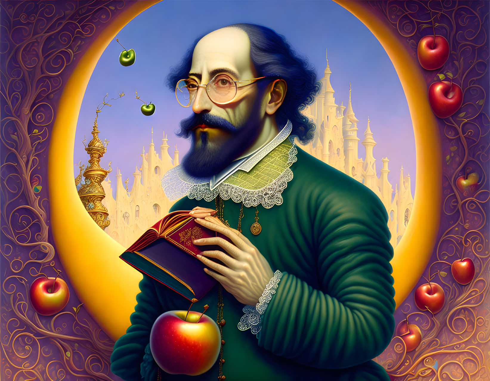 Illustration of bespectacled man in Renaissance attire with mustache, book, apples, and