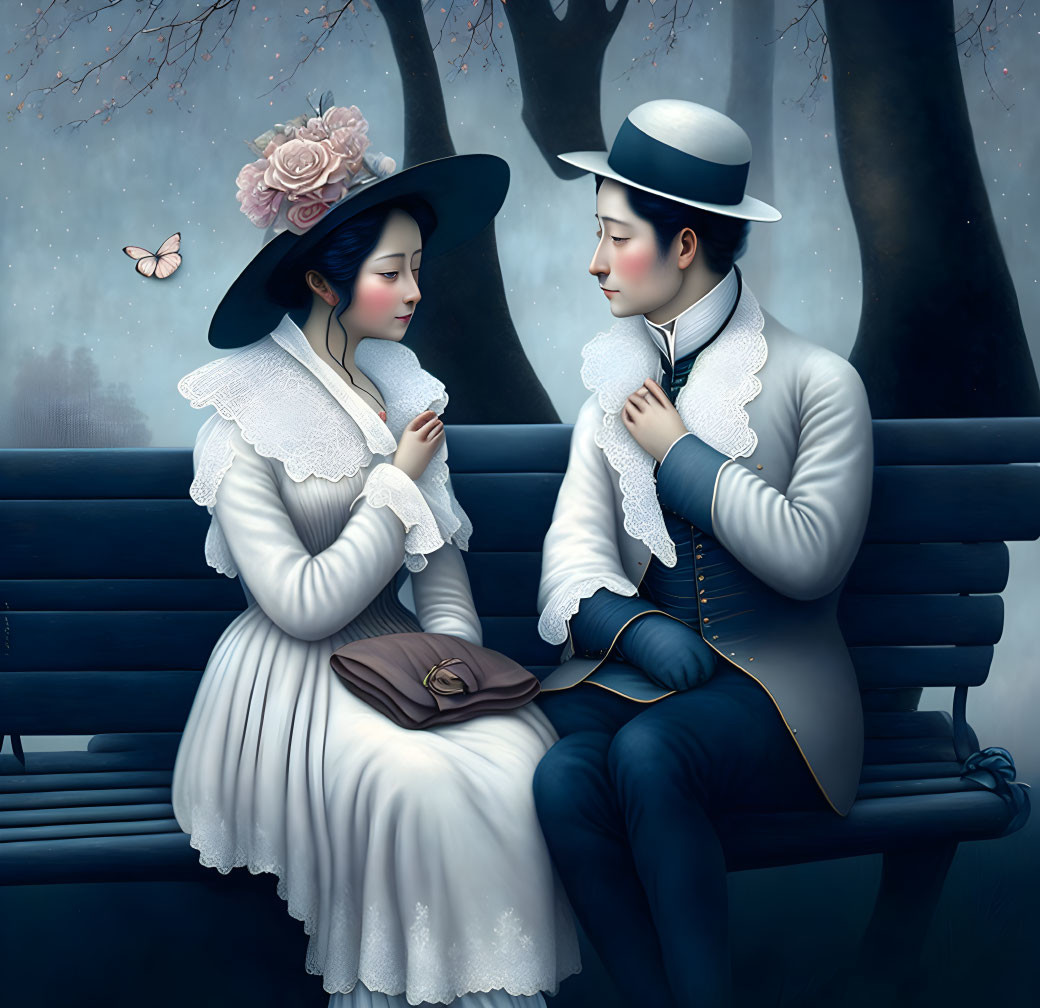 Elegantly dressed couple engrossed in tender conversation in serene forest setting