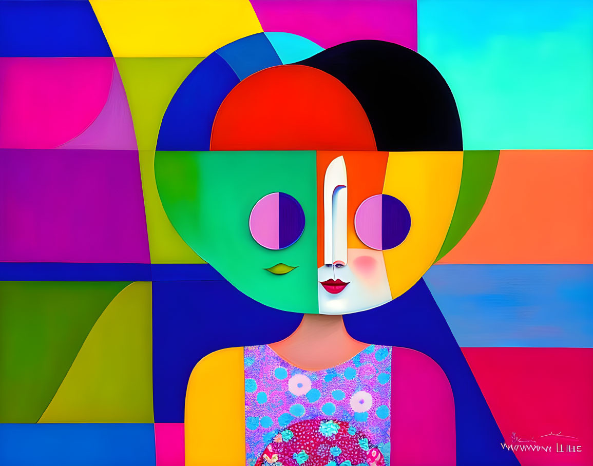 Vibrant abstract portrait with geometric shapes and asymmetrical features